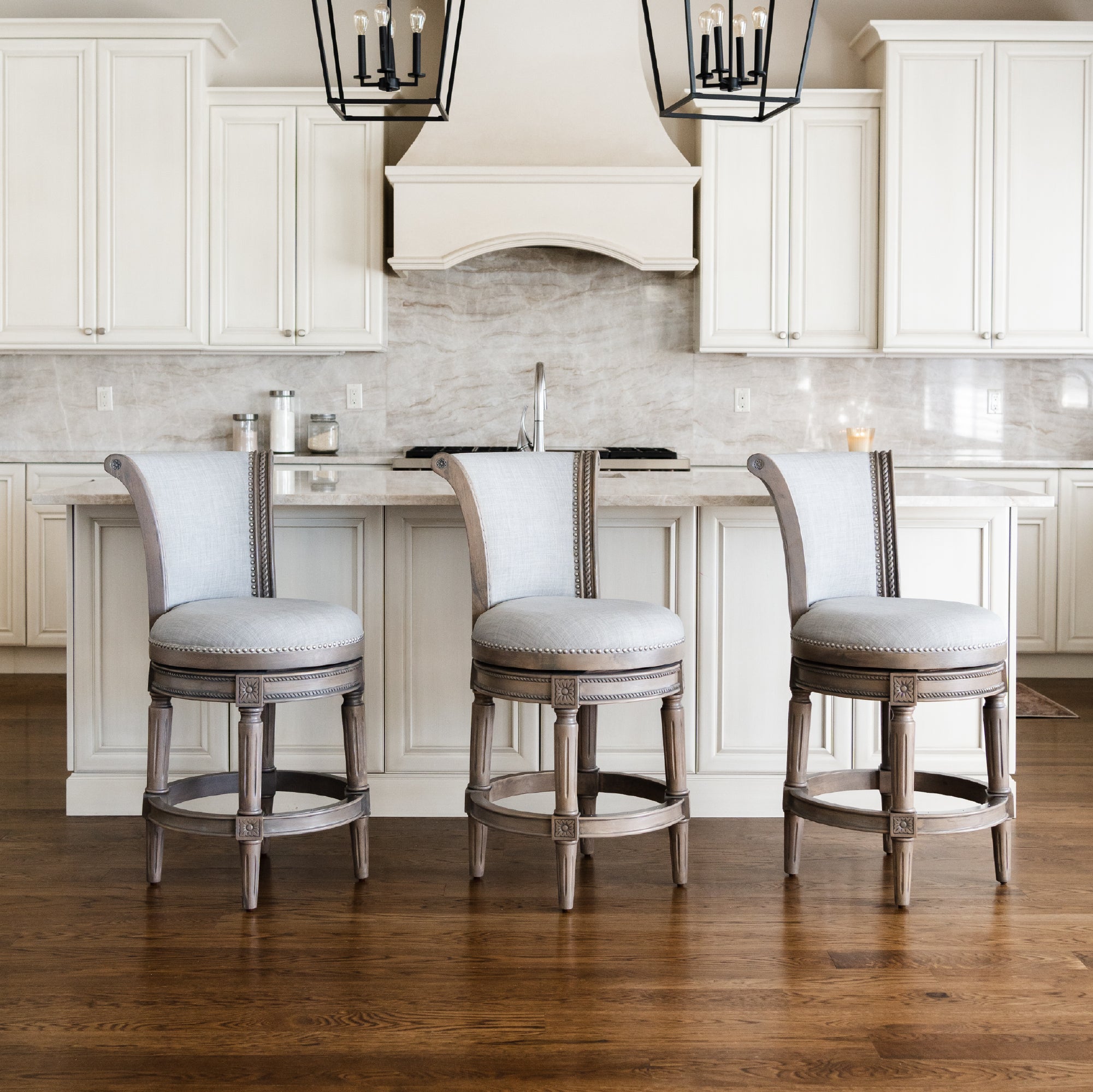 26" Pullman Counter Stool in Reclaimed Oak Finish with Ash Grey Fabric Upholstery in Stools by Maven Lane