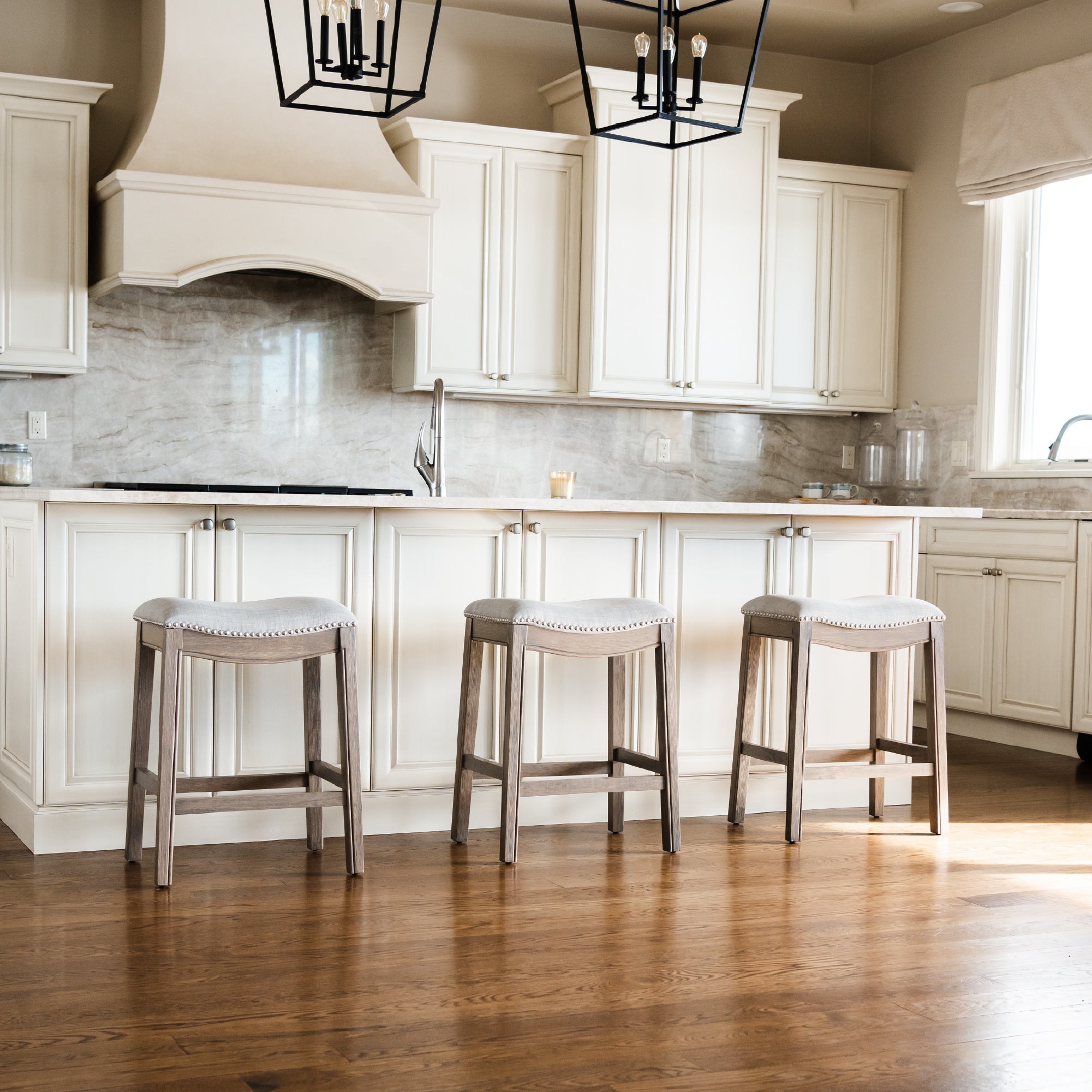 26" Adrien Saddle Counter Stool in Reclaimed Oak Finish with Ash Grey Fabric Upholstery in Stools by Maven Lane