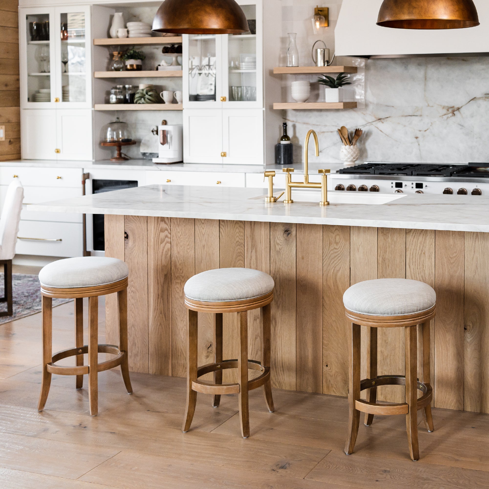 26" Eva Counter Height Kitchen Stool - Weathered Oak Finish with Sand Color Fabric Upholstery in Stools by Maven Lane