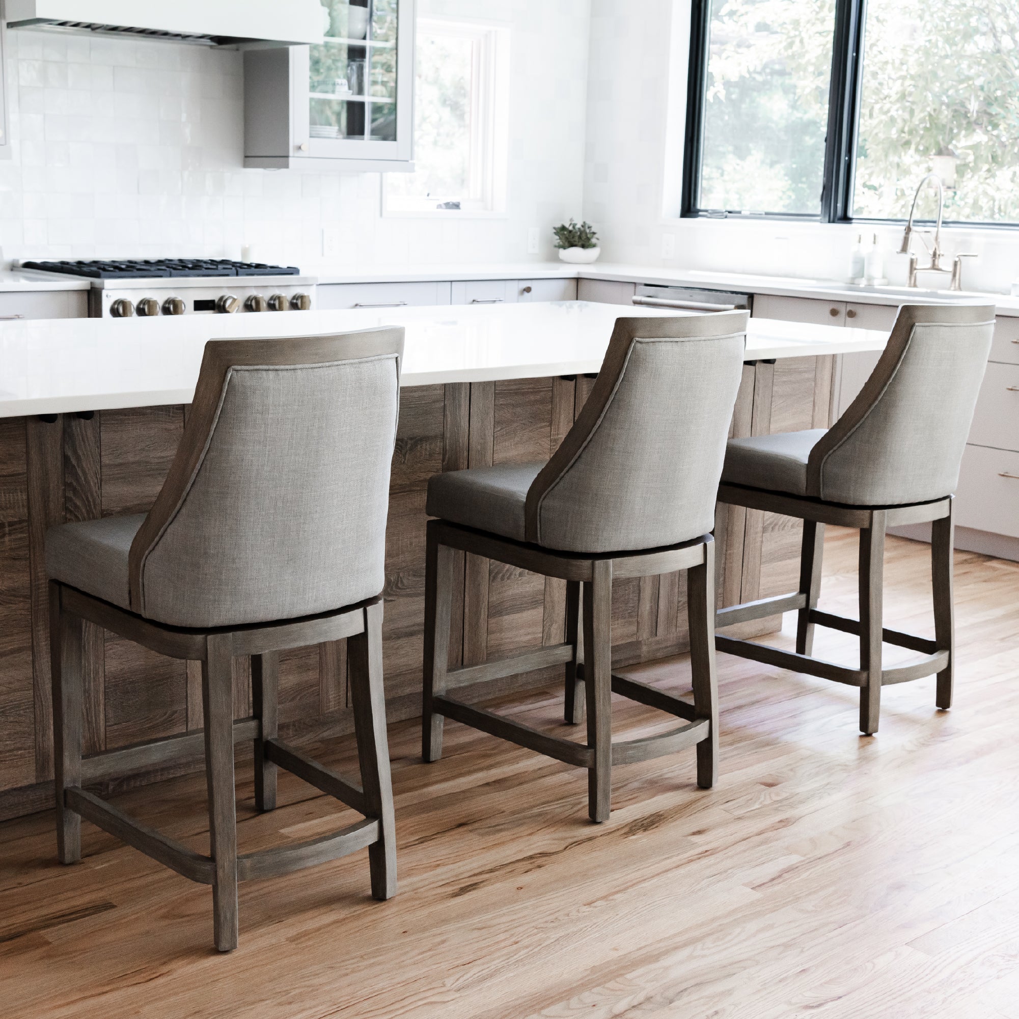 26" Vienna Swivel Counter Stool in Reclaimed Oak Finish with Ash Grey Fabric Upholstery in Stools by Maven Lane