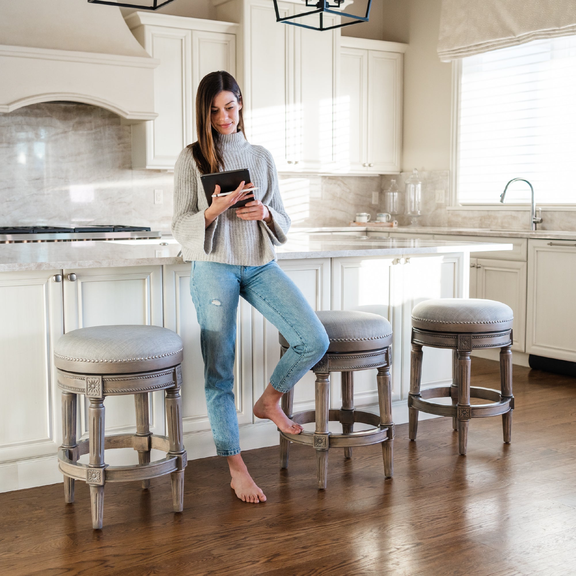 26" Pullman Backless Counter Stool in Reclaimed Oak Finish with Ash Grey Fabric Upholstery in Stools by Maven Lane