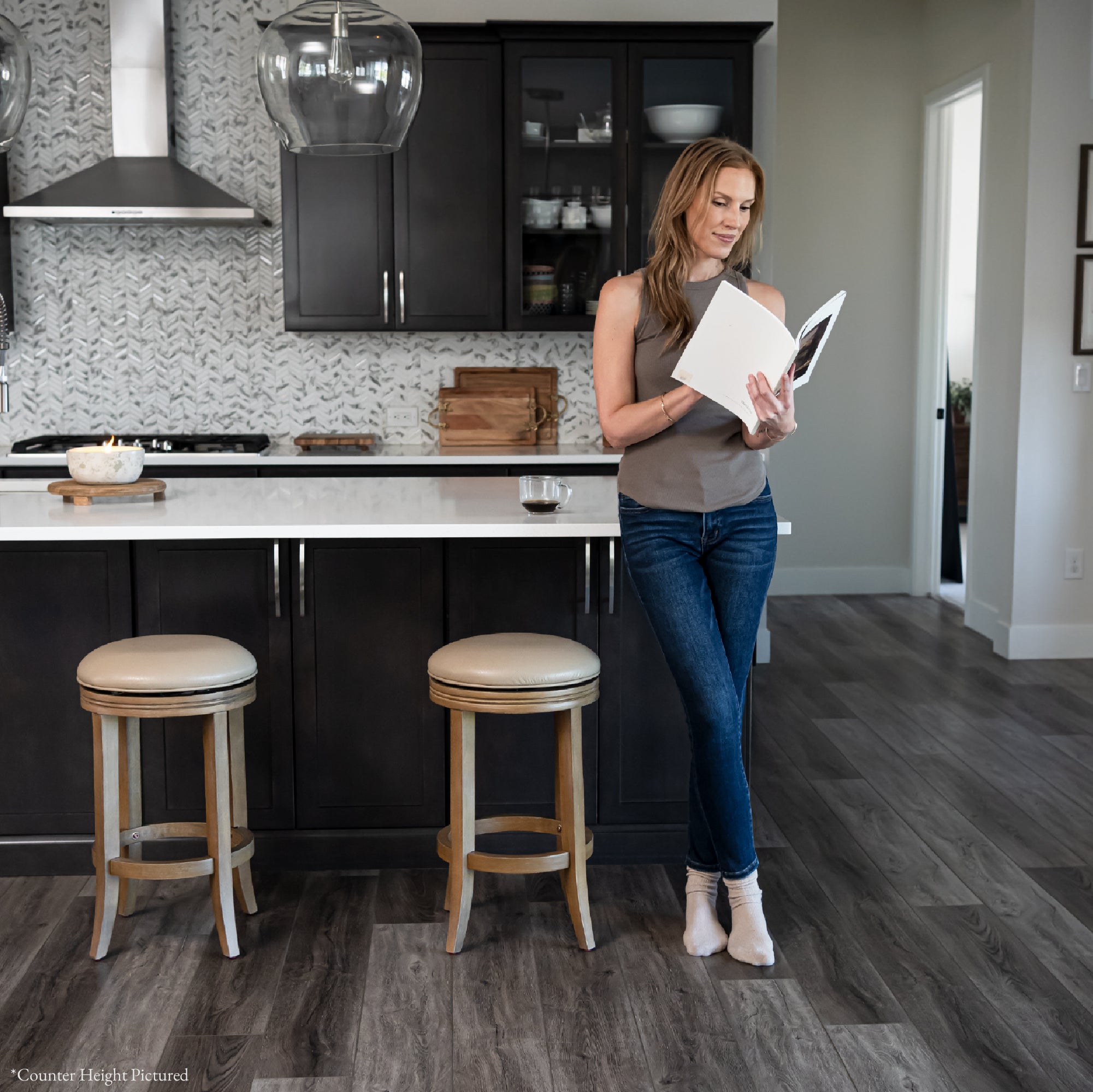 31" Eva Bar Stool in Weathered Oak Finish with Avanti Bone Vegan Leather in Stools by Maven Lane