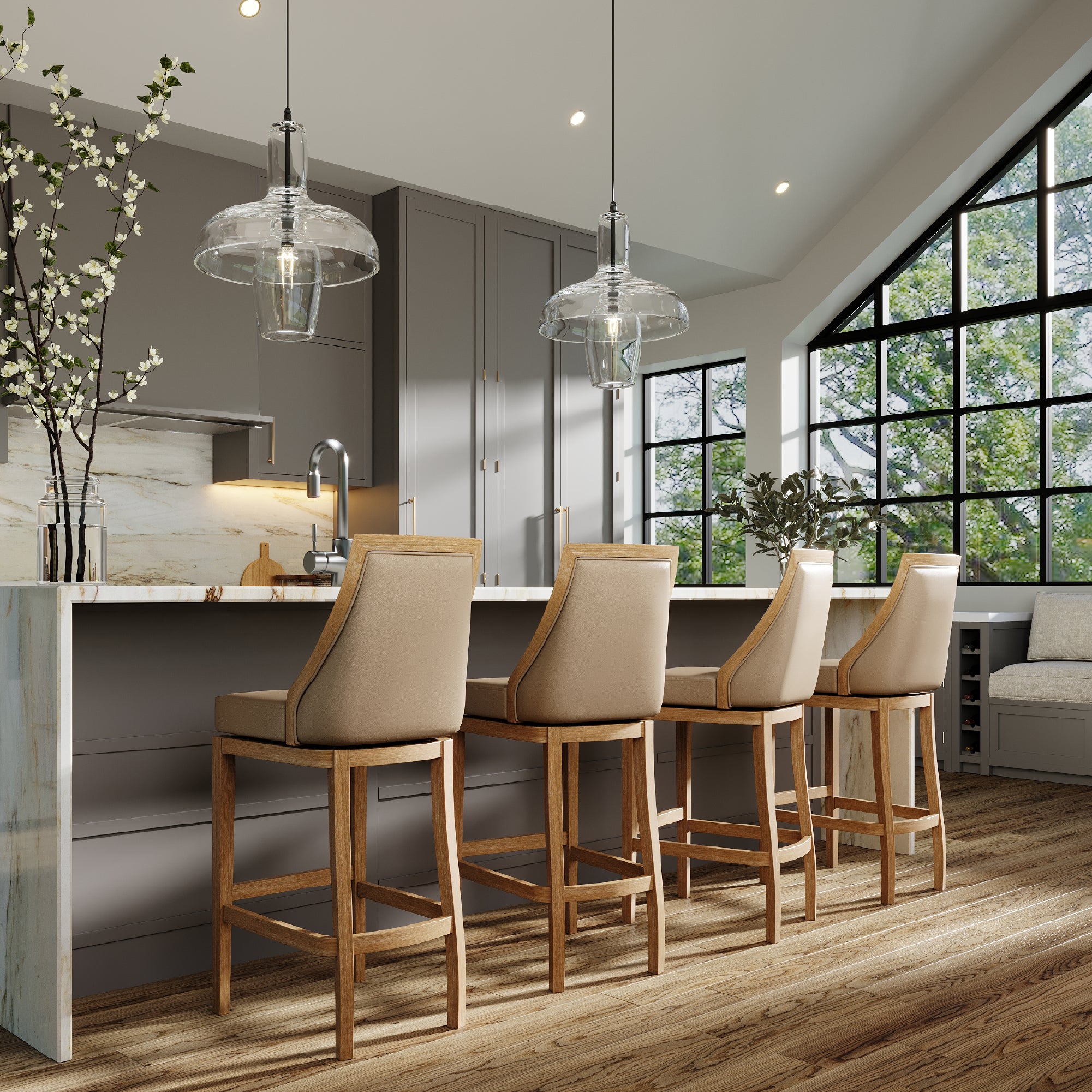 31" Vienna Swivel Bar Stool in Weathered Oak Finish with Avanti Bone Vegan Leather in Stools by Maven Lane