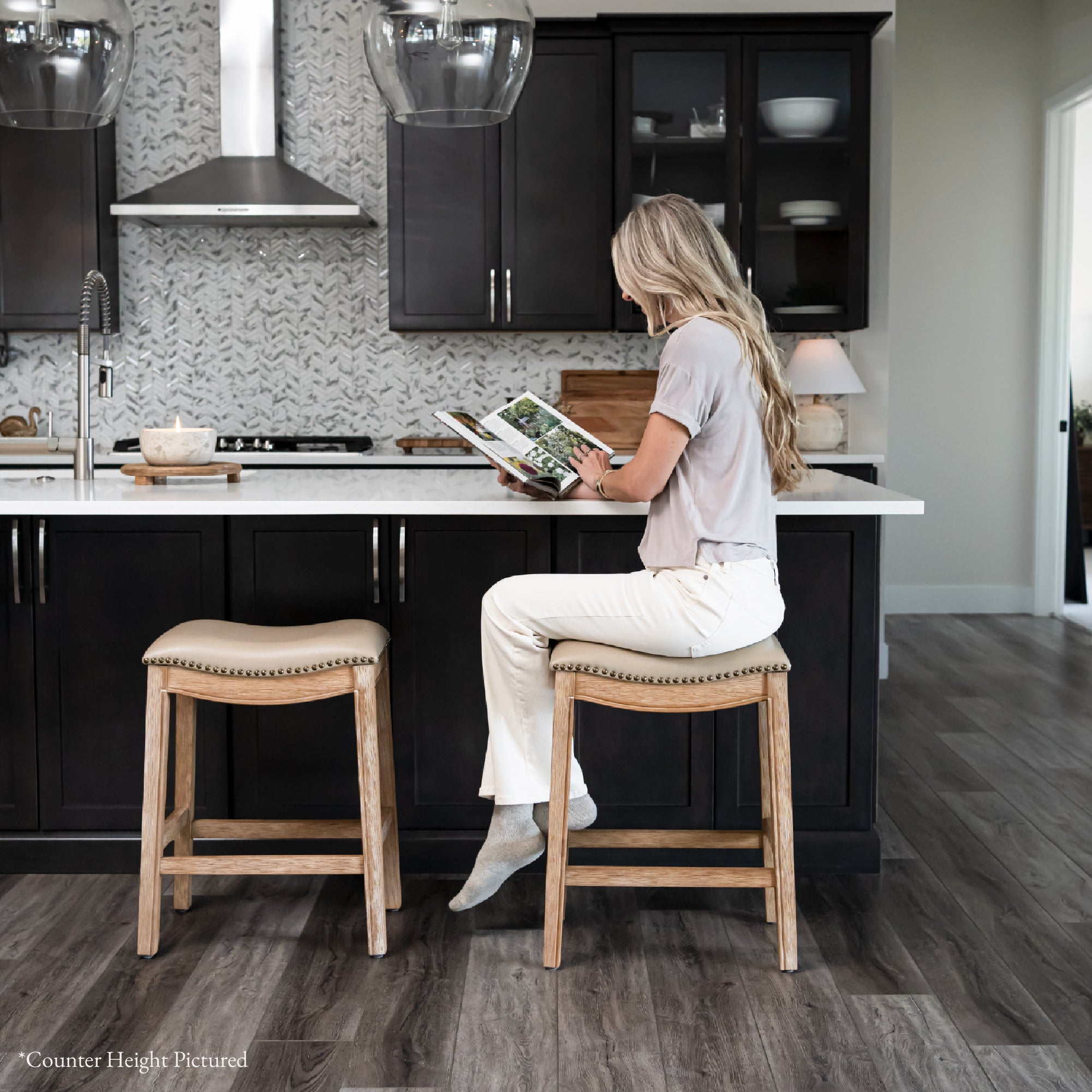 31" Adrien Saddle Bar Stool in Weathered Oak Finish with Avanti Bone Vegan Leather in Stools by Maven Lane