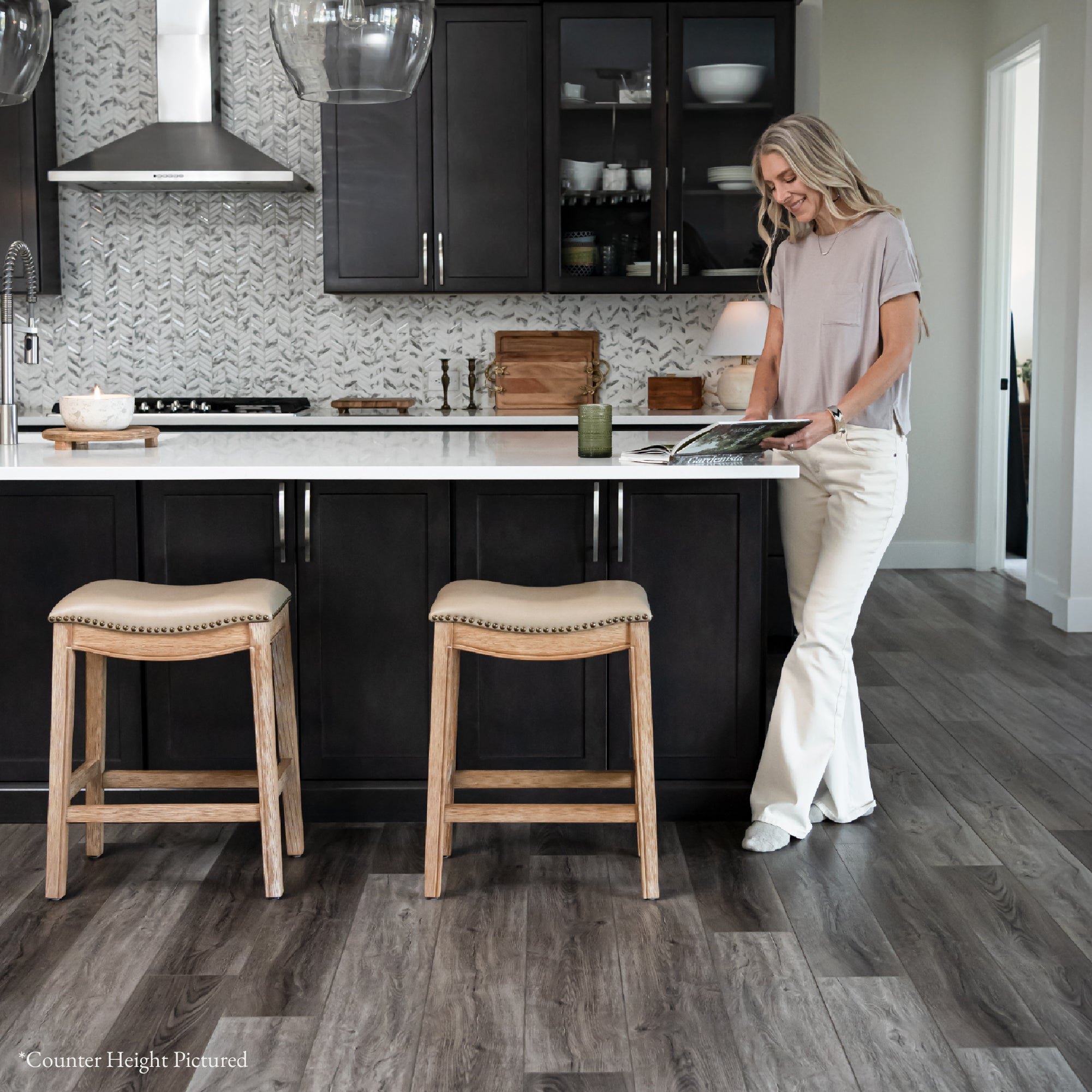 31" Adrien Saddle Bar Stool in Weathered Oak Finish with Avanti Bone Vegan Leather in Stools by Maven Lane