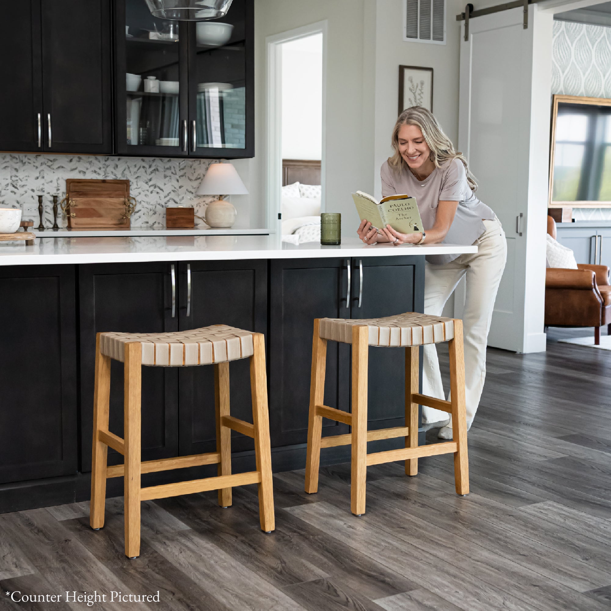 31" Emerson Bar Stool In Natural Finish & Beige Woven Leather Seat in Stools by Maven Lane