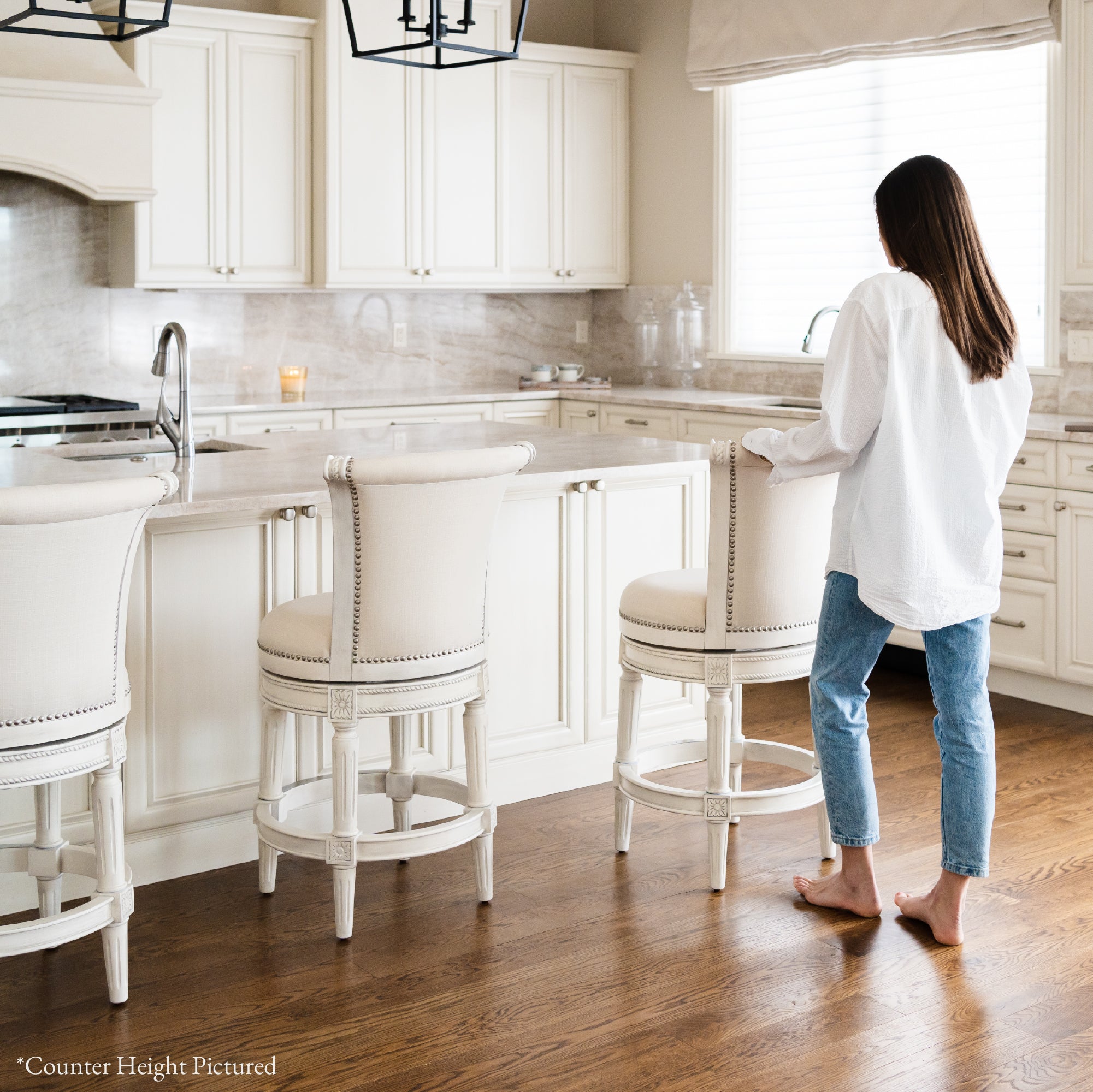 31" Pullman Bar Stool in White Oak Finish with Natural Fabric Upholstery in Stools by Maven Lane