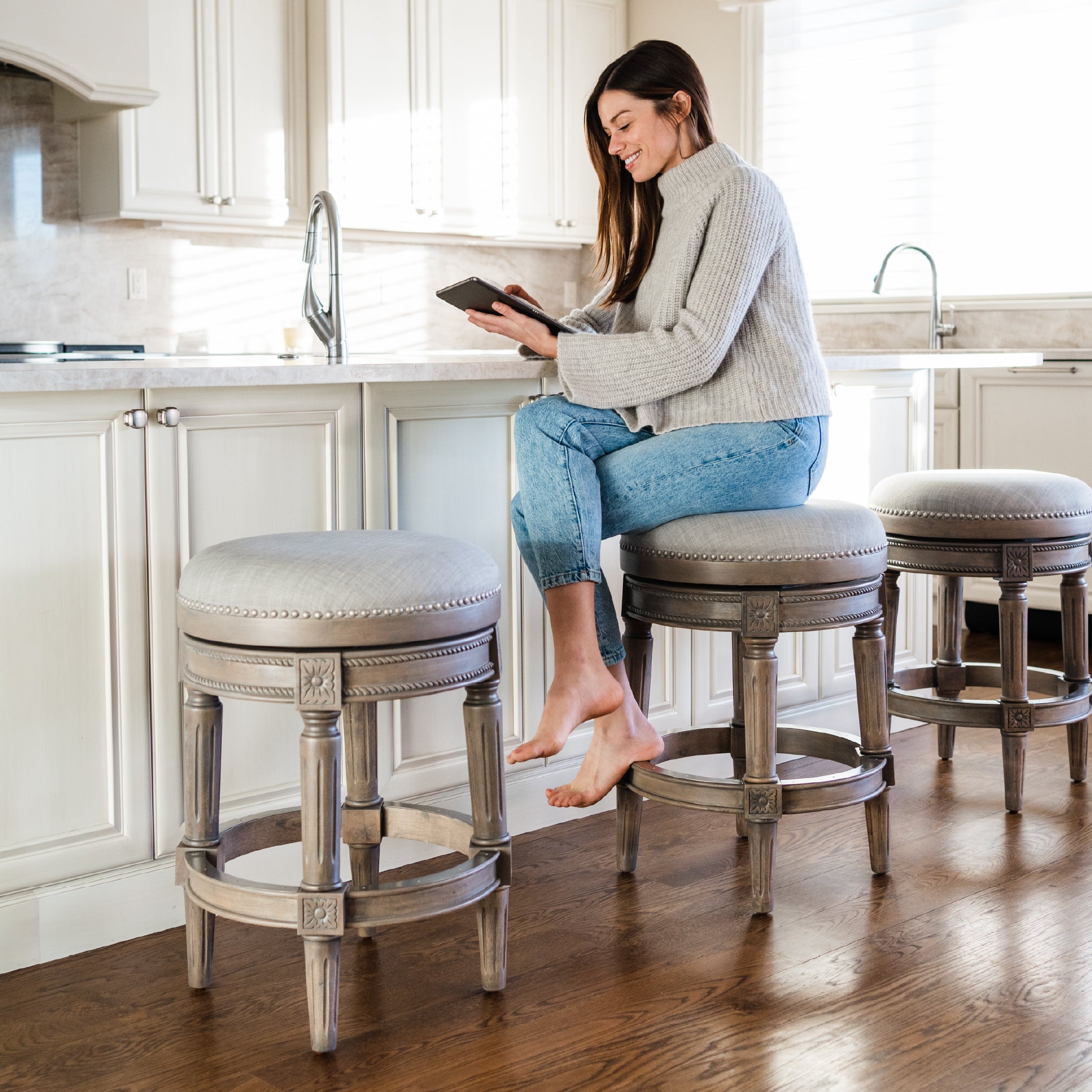26" Pullman Backless Counter Stool in Reclaimed Oak Finish with Ash Grey Fabric Upholstery in Stools by Maven Lane