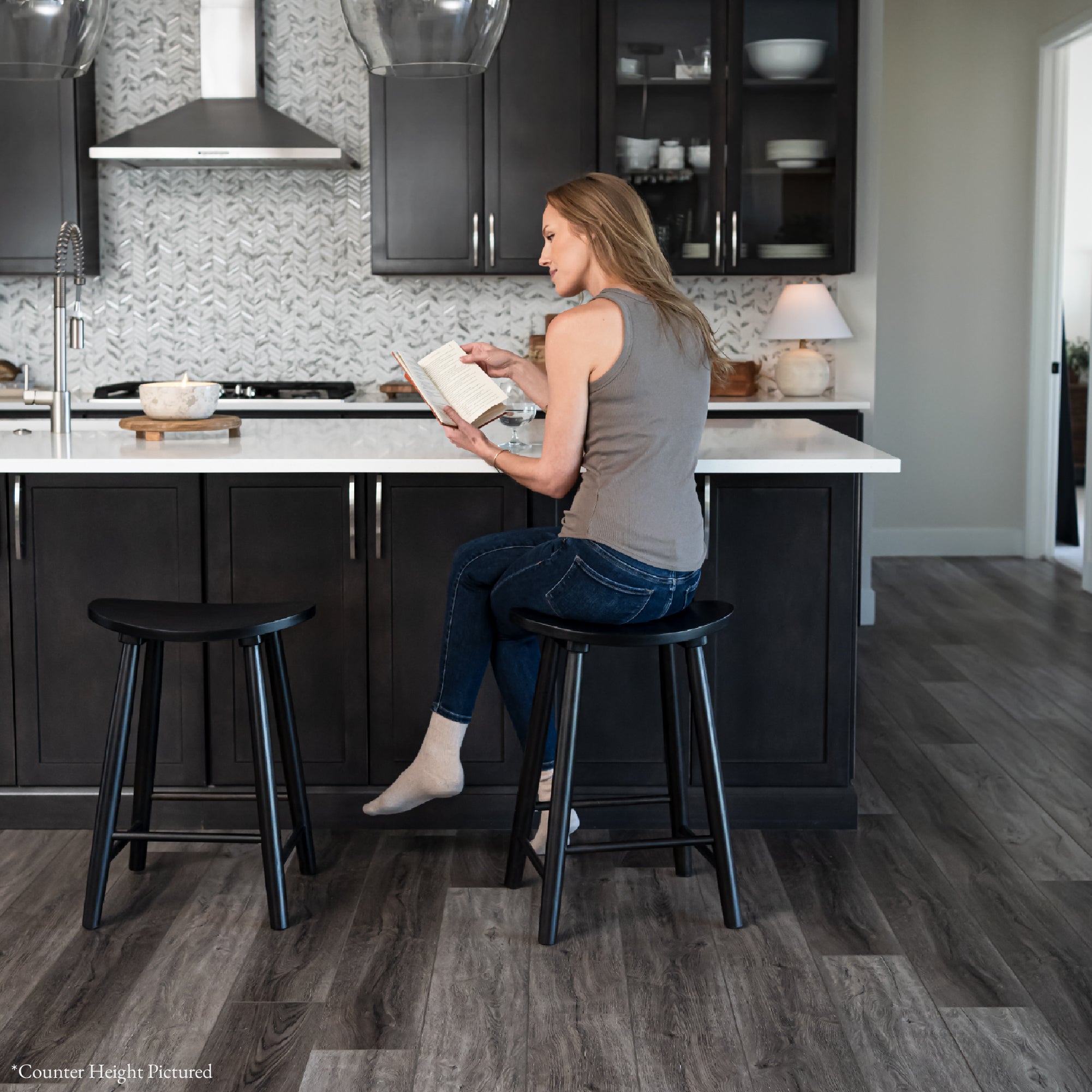 30" Luna Bar Stool in Rustic Black Wood Finish in Stools by Maven Lane