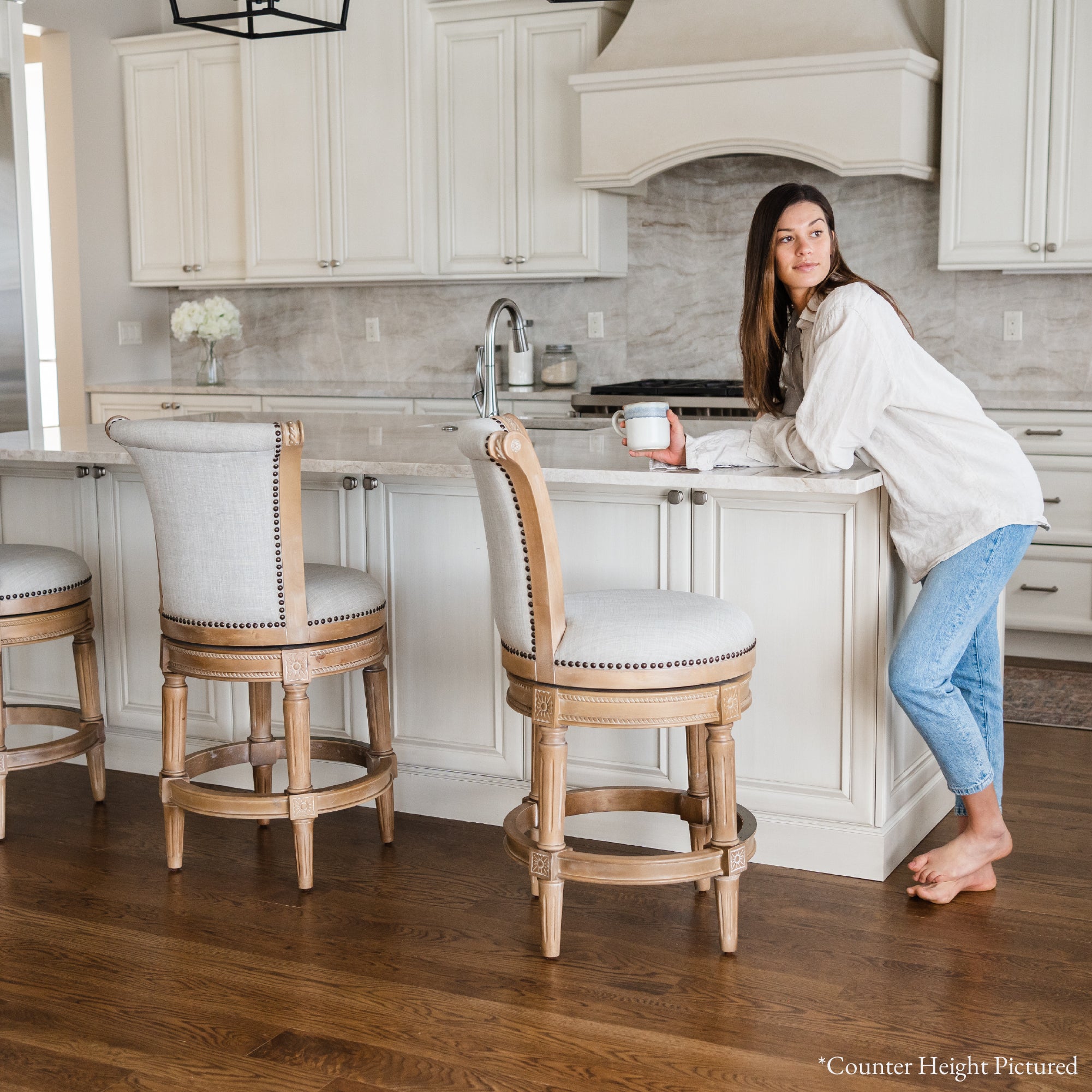 31" Pullman Bar Stool in Weathered Oak Finish with Sand Color Fabric Upholstery in Stools by Maven Lane