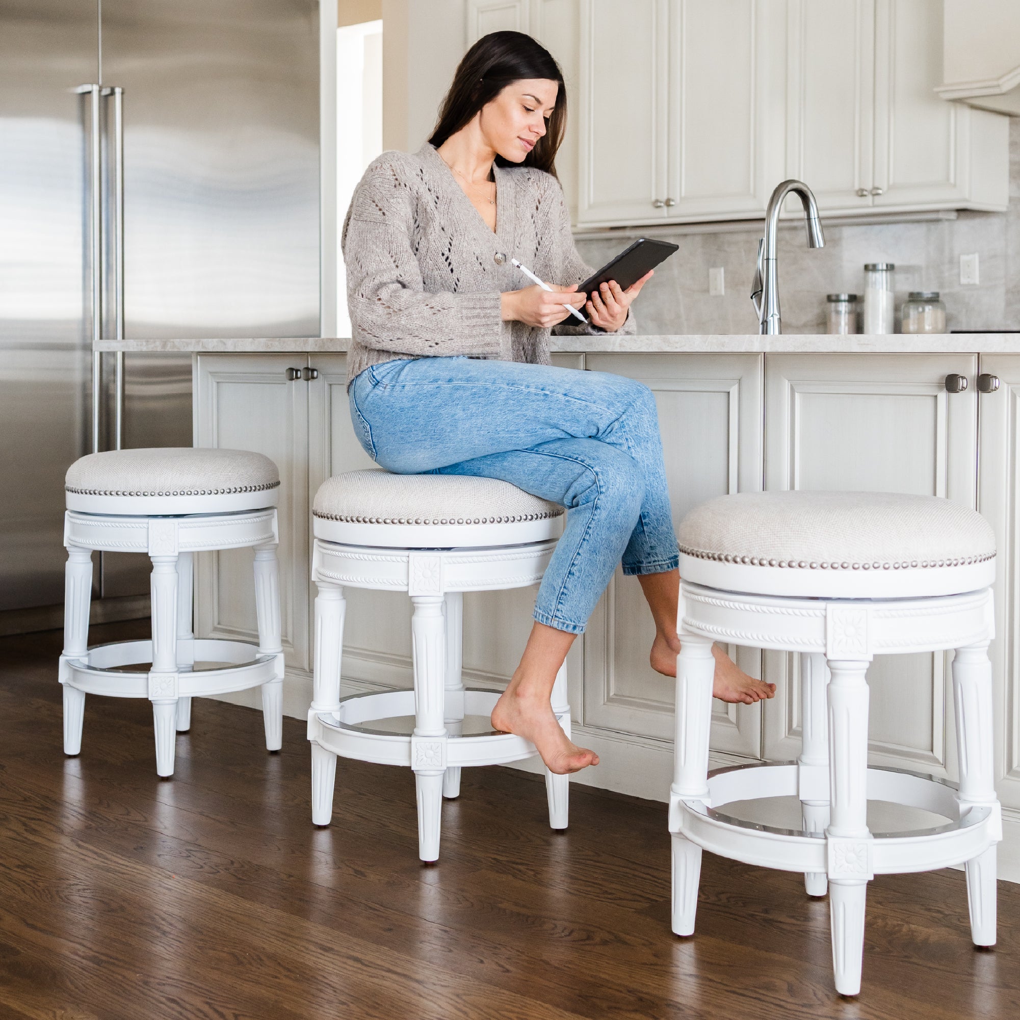 26" Pullman Backless Counter Stool in Alabaster White Finish with Cream Fabric Upholstery in Stools by Maven Lane