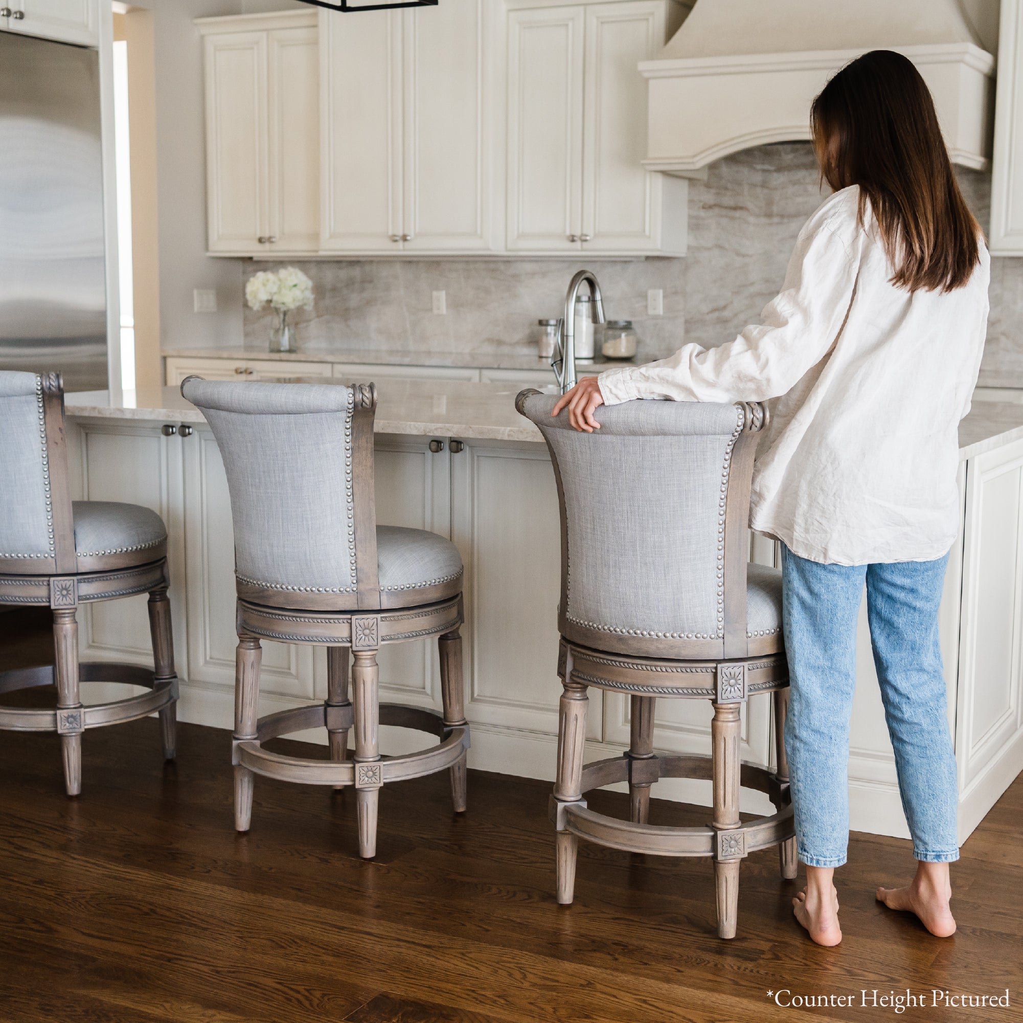 31" Pullman Bar Stool in Reclaimed Oak Finish with Ash Grey Fabric Upholstery in Stools by Maven Lane