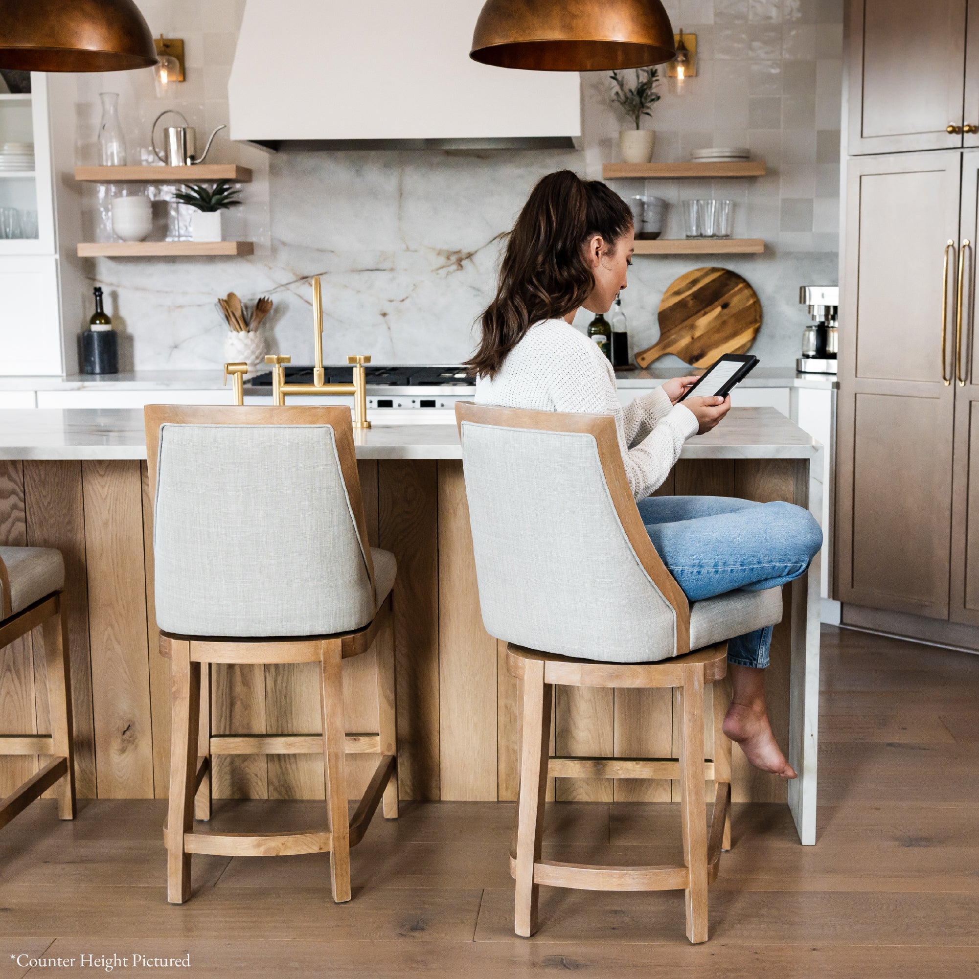 31" Vienna Swivel Bar Stool in Weathered Oak Finish with Sand Color Fabric Upholstery in Stools by Maven Lane