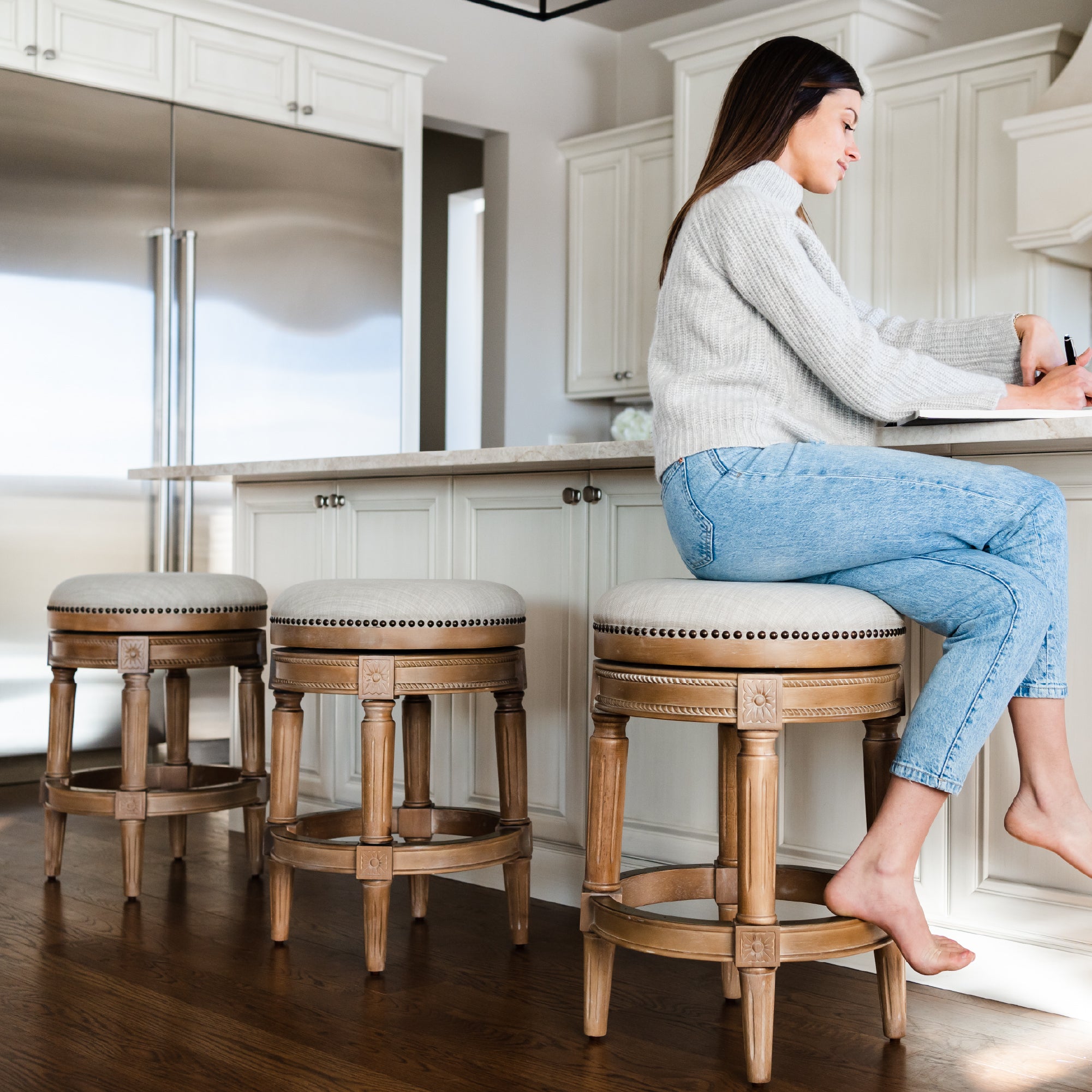 26" Pullman Backless Counter Stool in Weathered Oak Finish with Sand Color Fabric Upholstery in Stools by Maven Lane