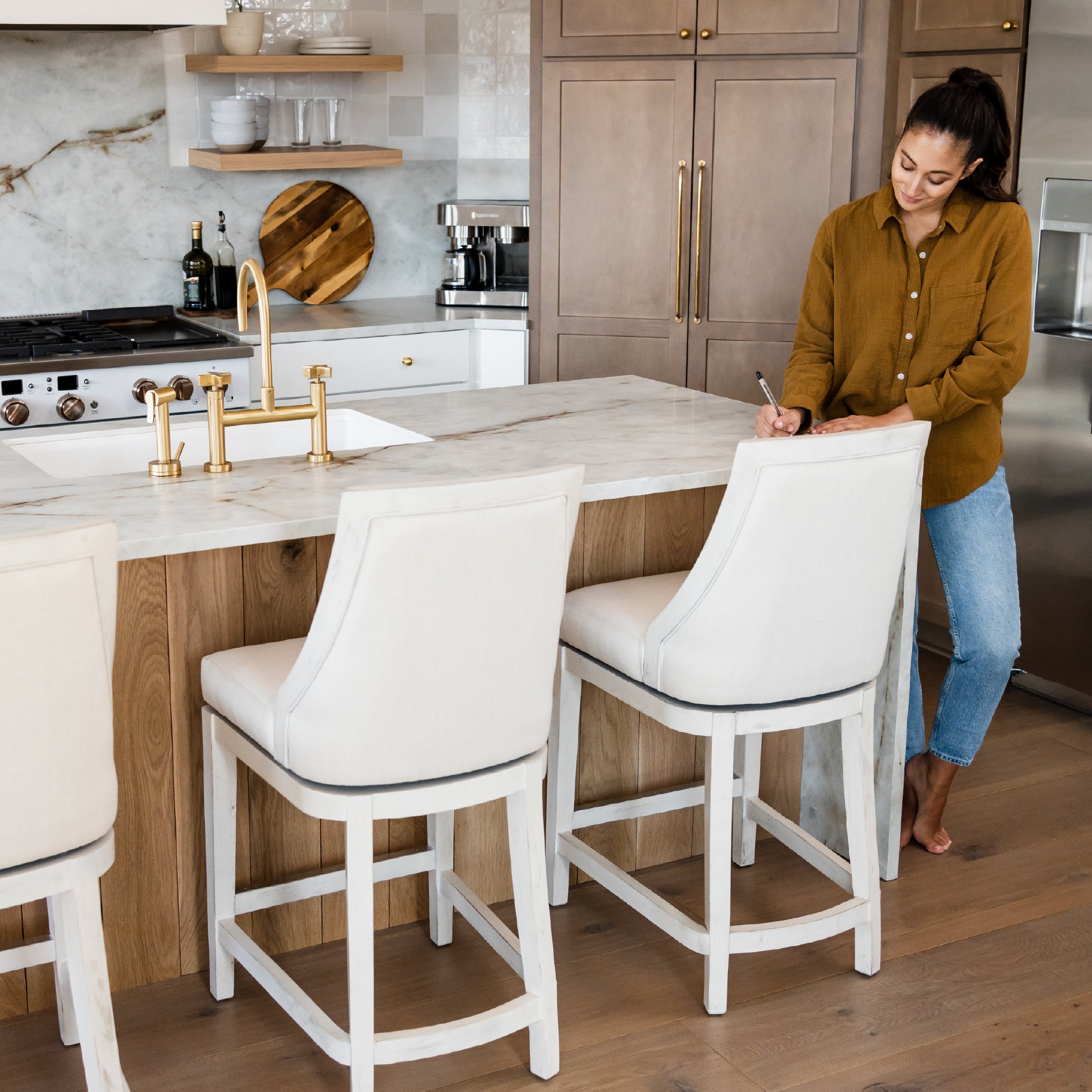 26" Vienna Swivel Counter Stool in White Oak Finish with Natural Fabric Upholstery in Stools by Maven Lane