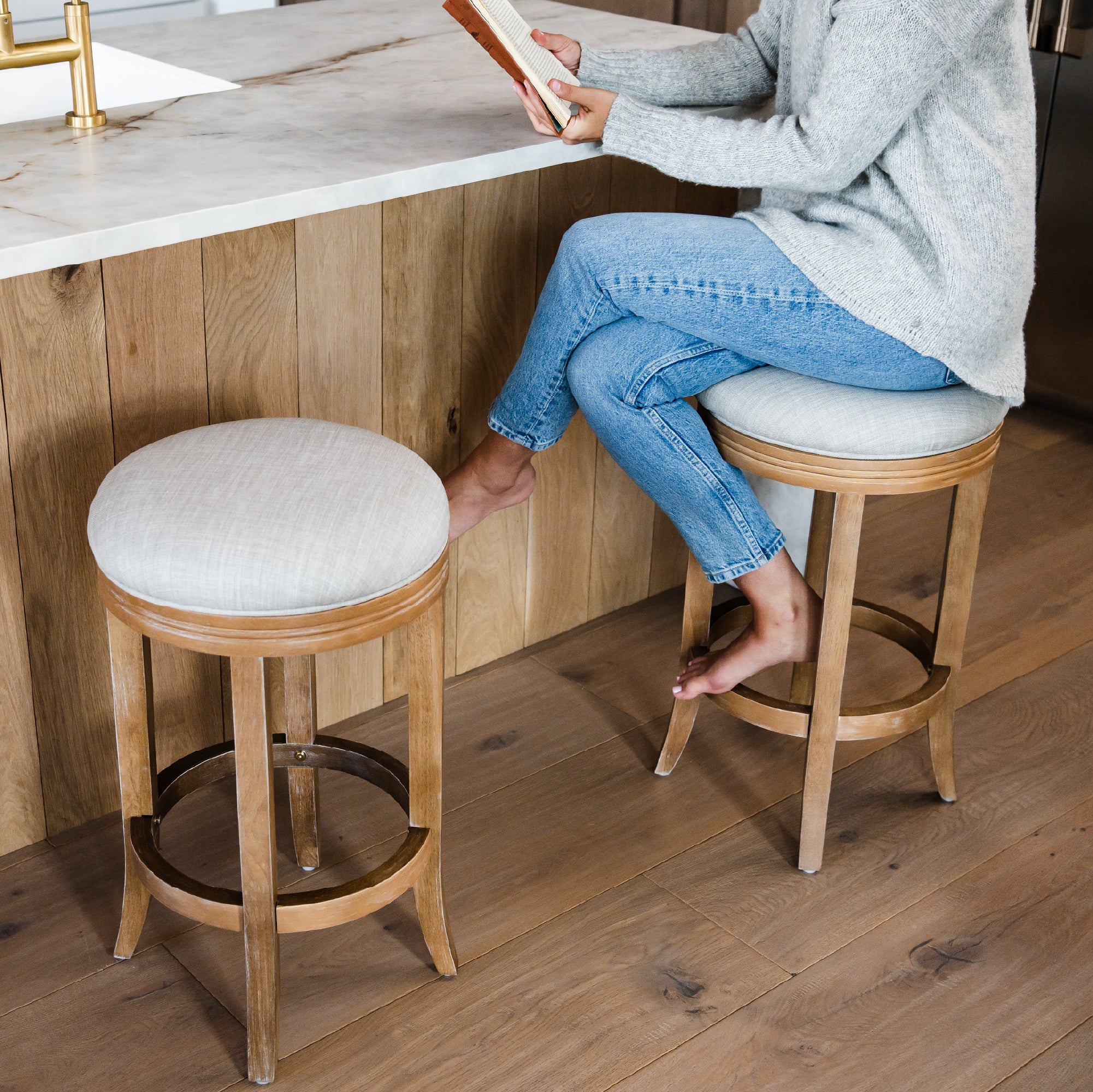26" Eva Counter Height Kitchen Stool - Weathered Oak Finish with Sand Color Fabric Upholstery in Stools by Maven Lane