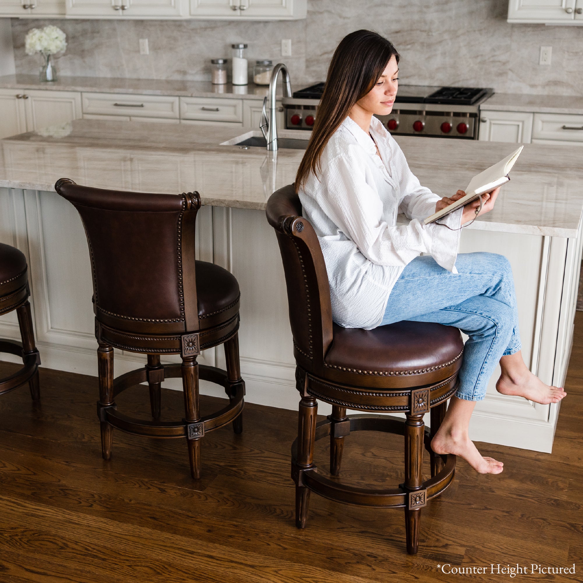 31" Pullman Bar Stool in Dark Walnut Finish with Vintage Brown Vegan Leather in Stools by Maven Lane