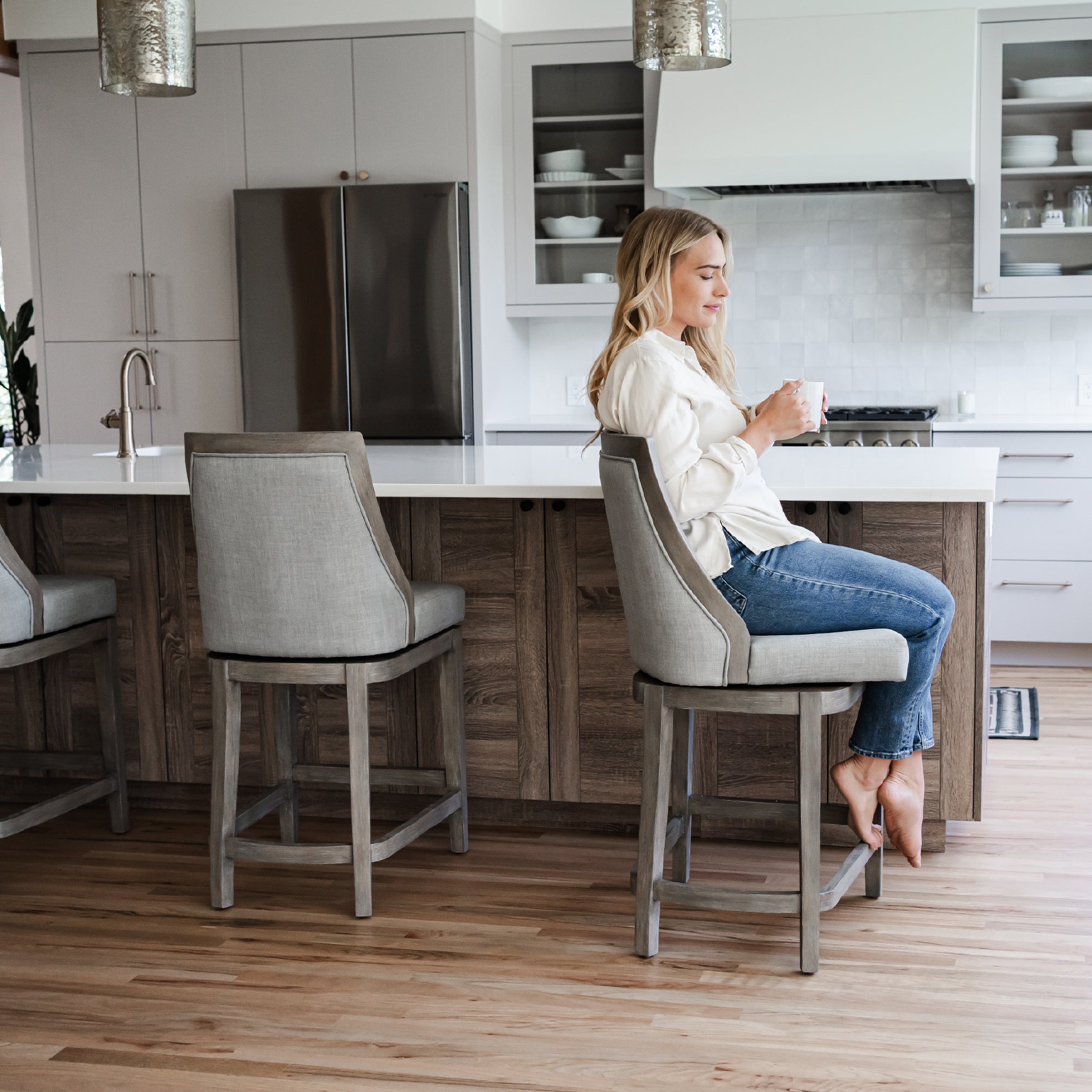26" Vienna Swivel Counter Stool in Reclaimed Oak Finish with Ash Grey Fabric Upholstery in Stools by Maven Lane