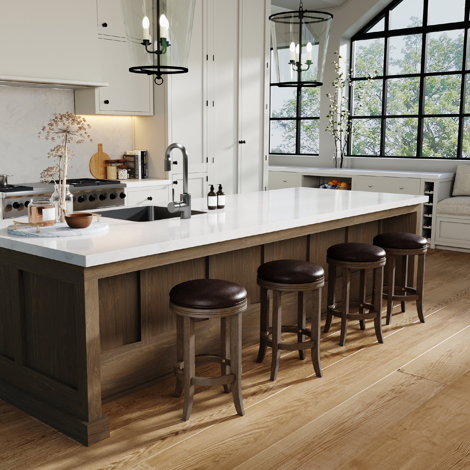 26" Eva Counter Stool in Brown Finish and Brown Faux Leather in Stools by Maven Lane