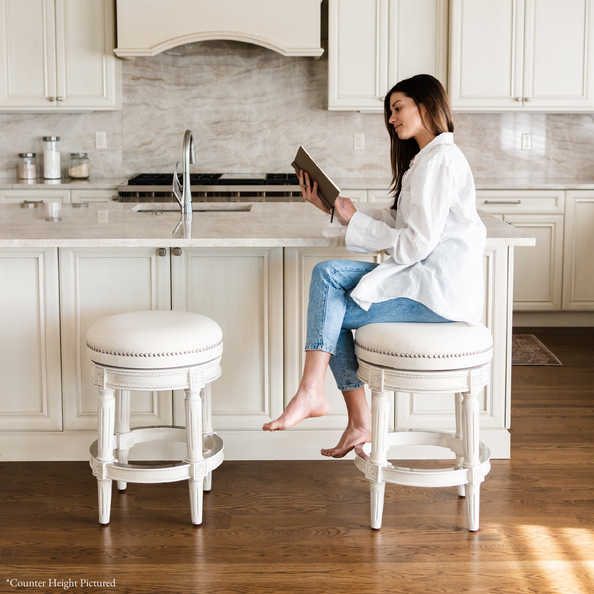 31" Pullman Backless Bar Stool in White Oak Finish with Natural Fabric Upholstery in Stools by Maven Lane