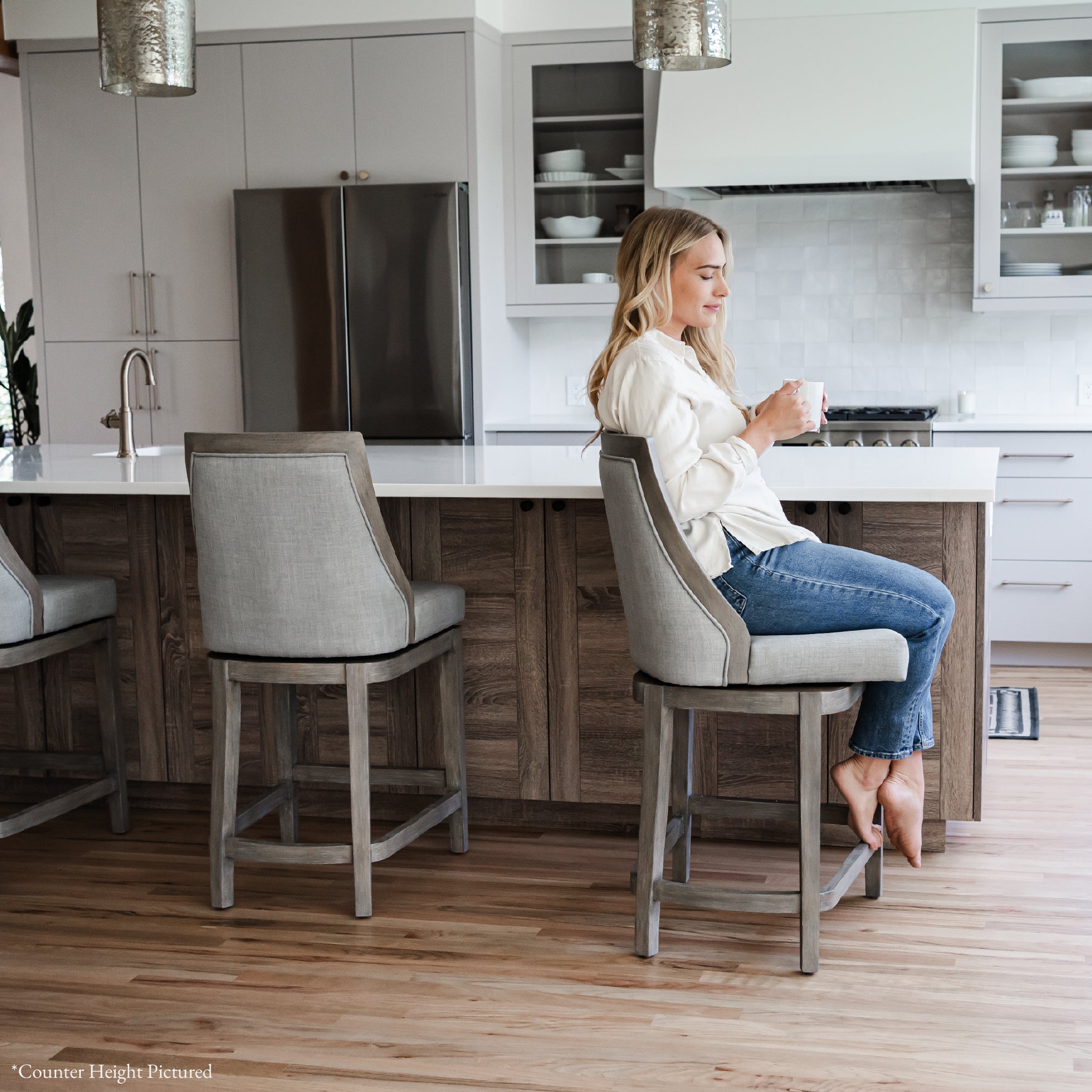 Vienna Swivel Bar Stool in Grey Finish with Grey Fabric in Stools by Maven Lane