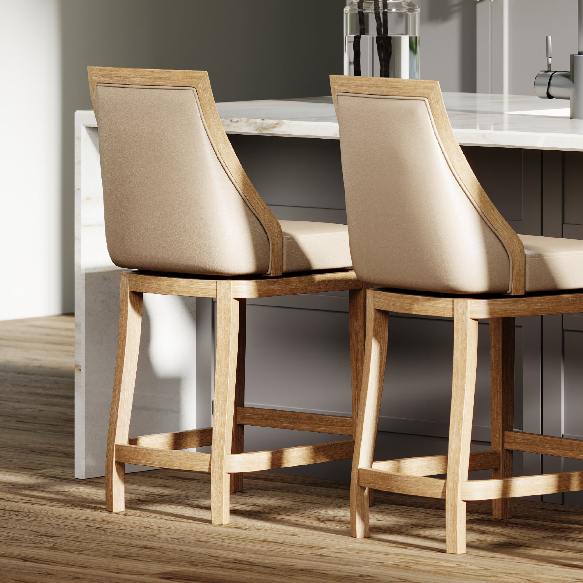 26" Vienna Swivel Counter Stool in Weathered Oak Finish with Avanti Bone Vegan Leather in Stools by Maven Lane