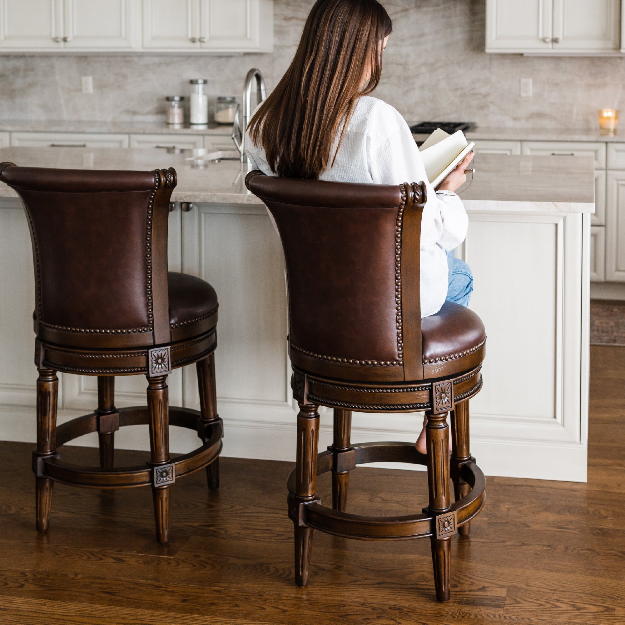 26" Pullman Counter Stool in Dark Brown Finish with Brown Faux Leather (Set of 4) in Stools by Maven Lane