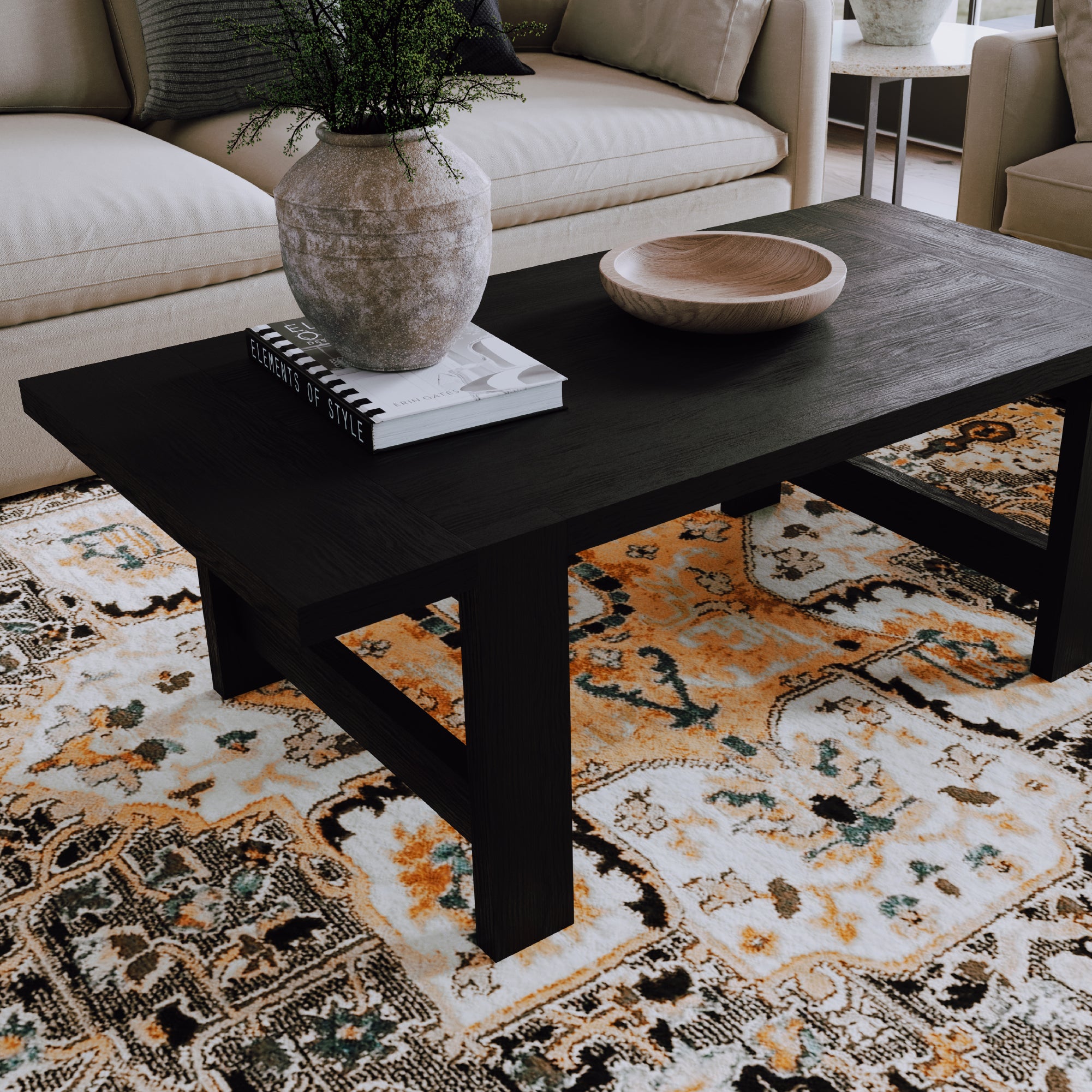 Angelo Rustic Rectangular Wooden Coffee Table In Aged Black in Maven Lane by Maven Lane