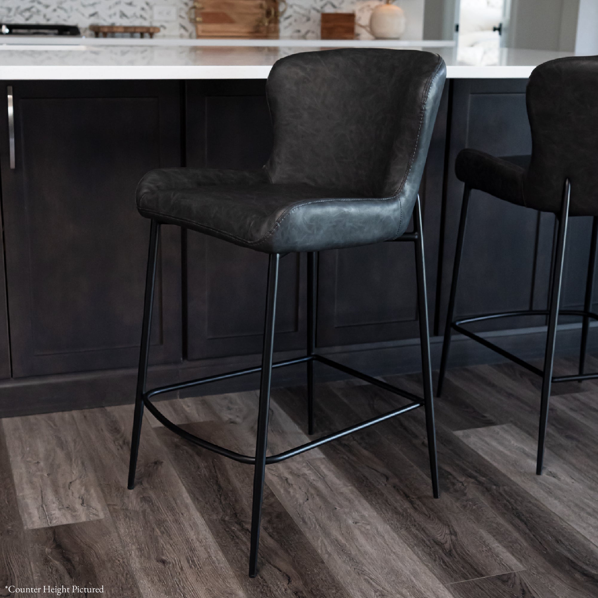 31" Naomi Bar Stool in Matte Black Finish with Charcoal Black Vegan Leather Upholstery in Stools by Maven Lane