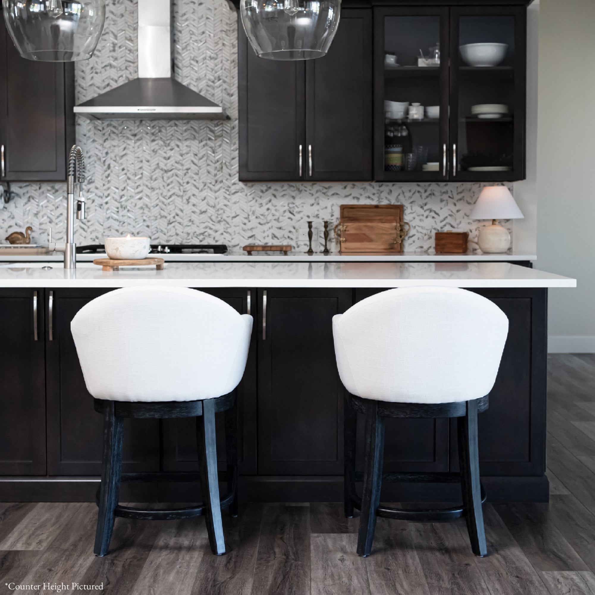 30" Isabella Swivel Bar Stool in Aged Black Finish with Snow White Fabric in Stools by Maven Lane