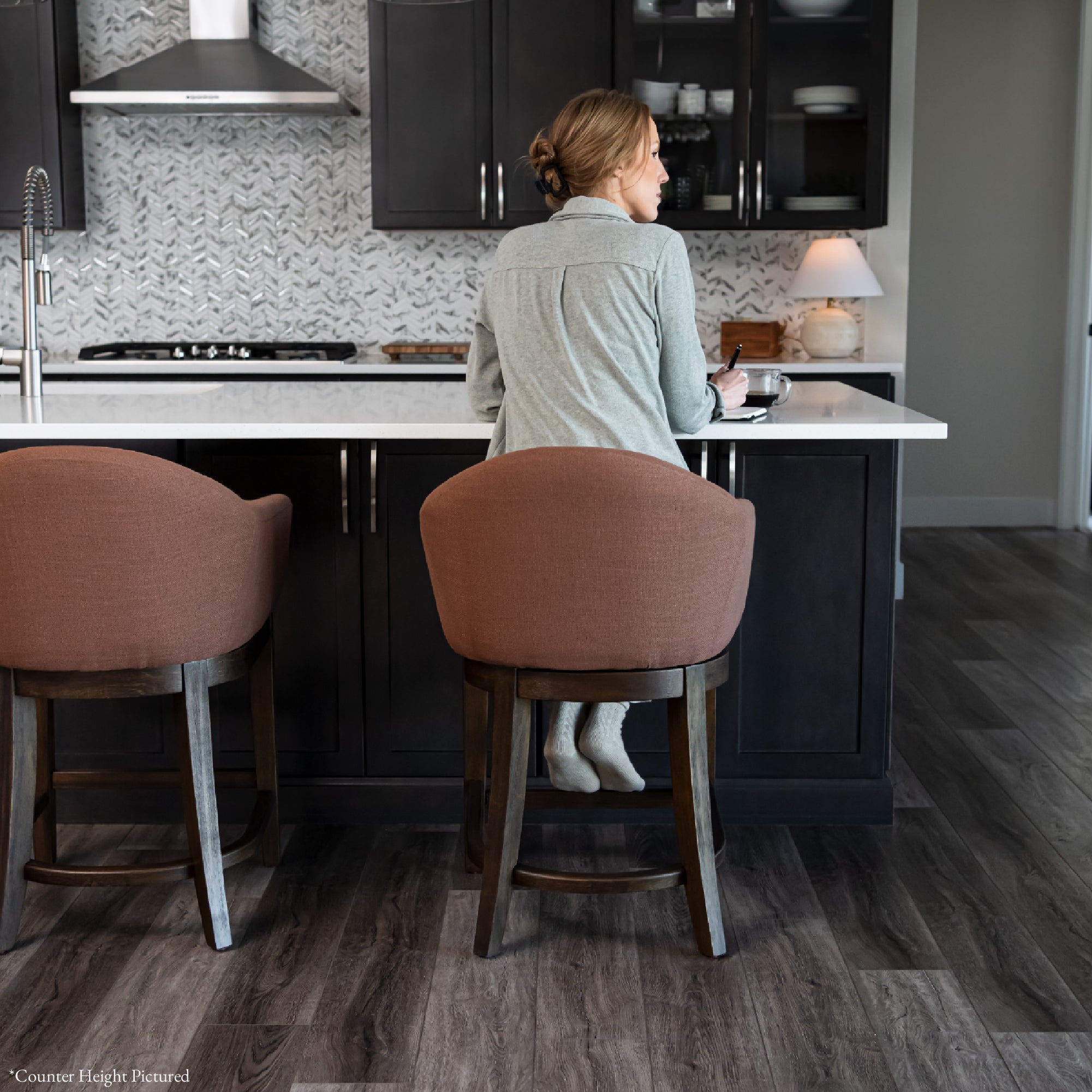 Isabella Swivel Bar Stool in Brown Finish and Brown Canvas Fabric Upholstery in Stools by Maven Lane