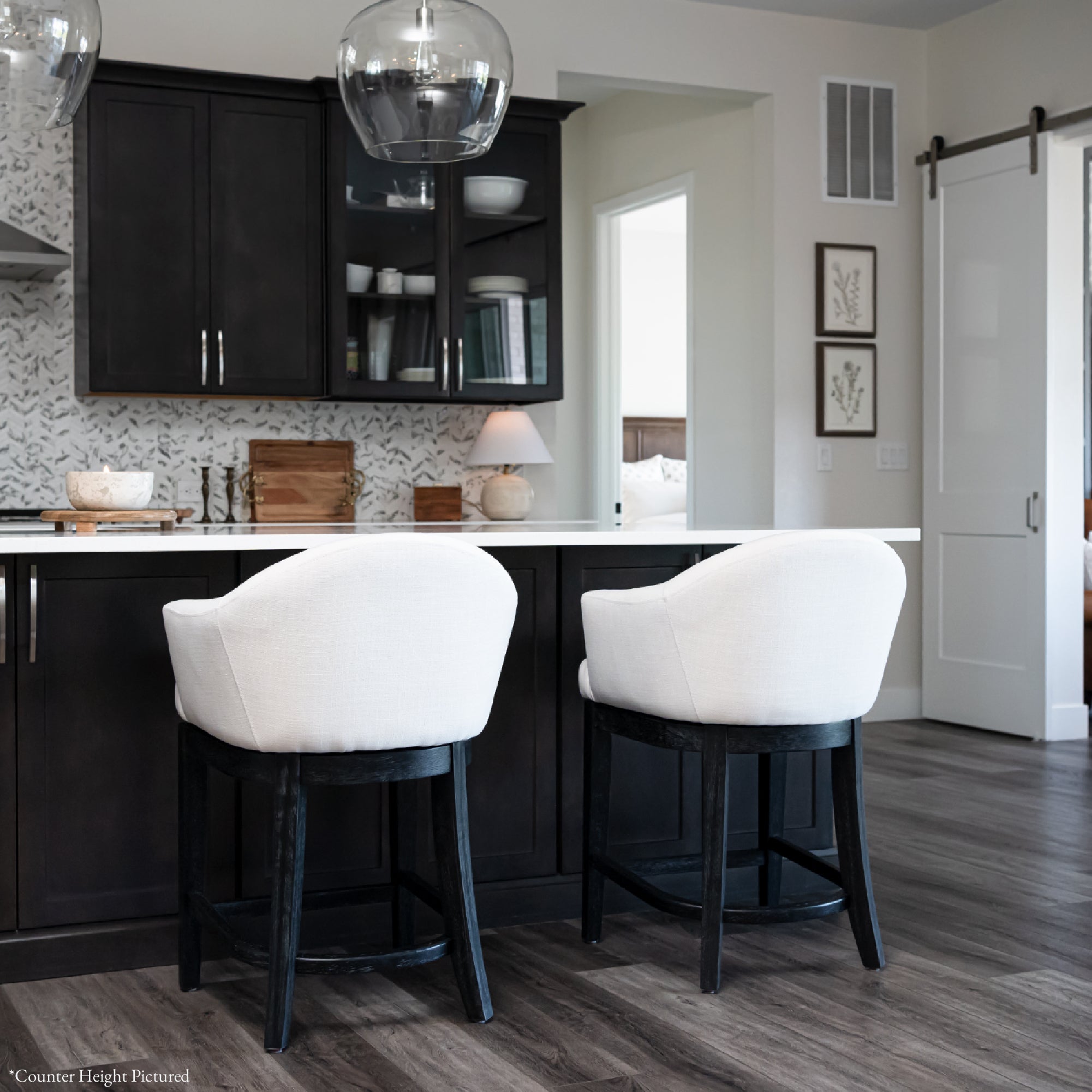 30" Isabella Swivel Bar Stool in Aged Black Finish with Snow White Fabric in Stools by Maven Lane