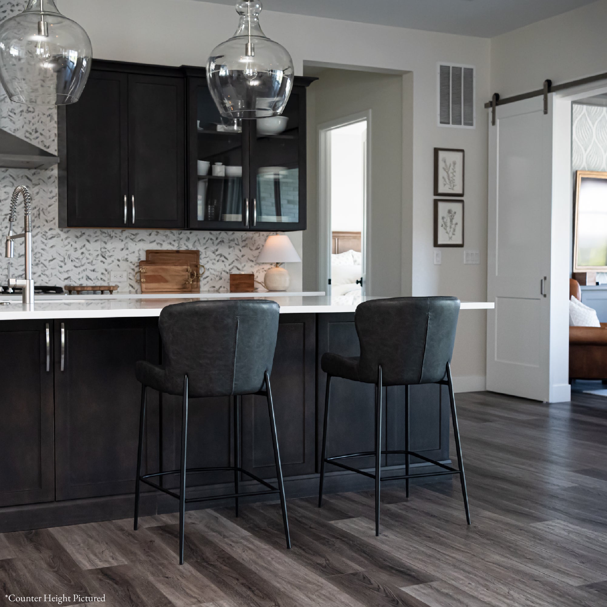 31" Naomi Bar Stool in Matte Black Finish with Charcoal Black Vegan Leather Upholstery in Stools by Maven Lane
