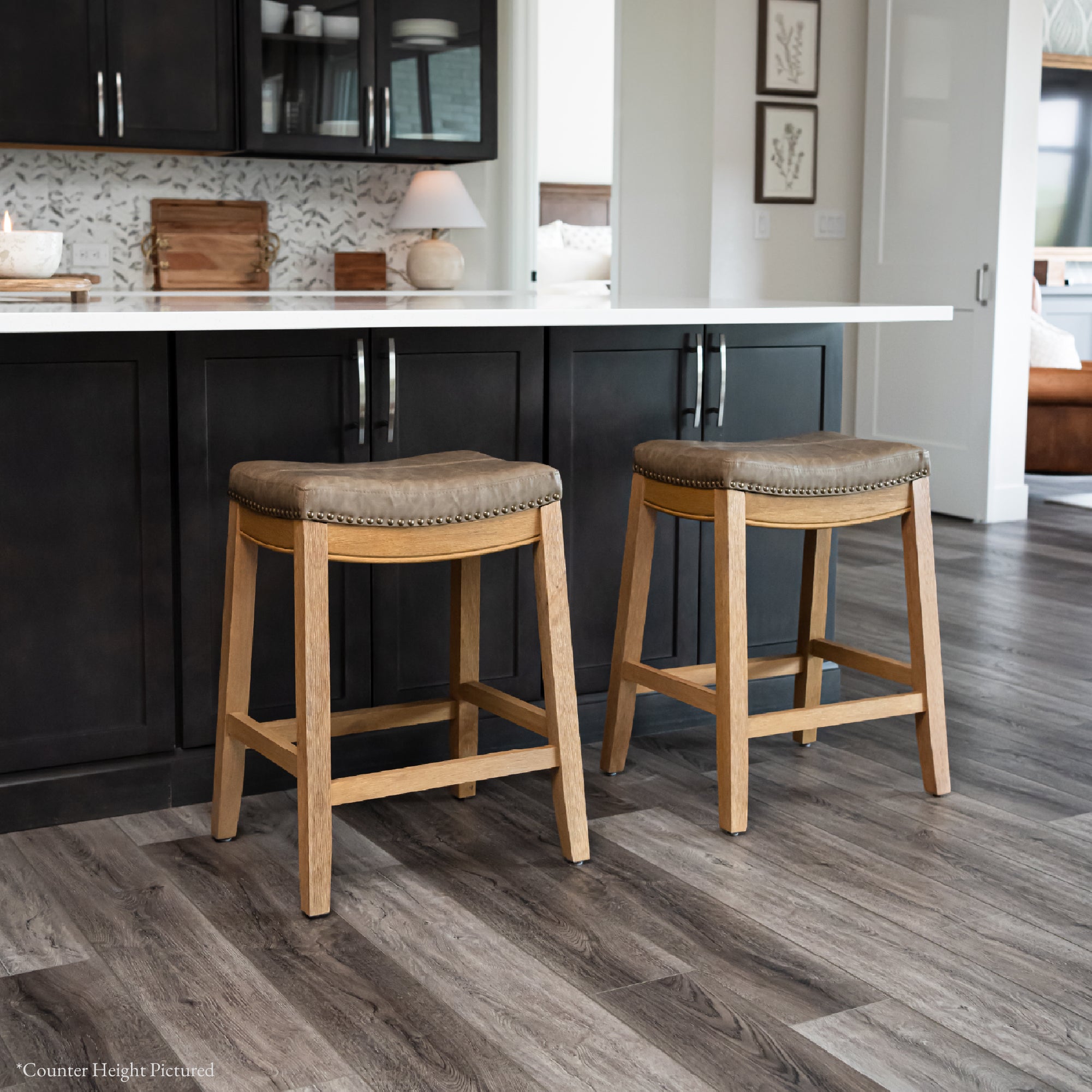 31" Sophia Backless Bar Stool in Aged Natural Finish with Desert Tan Vegan Leather in Stools by Maven Lane