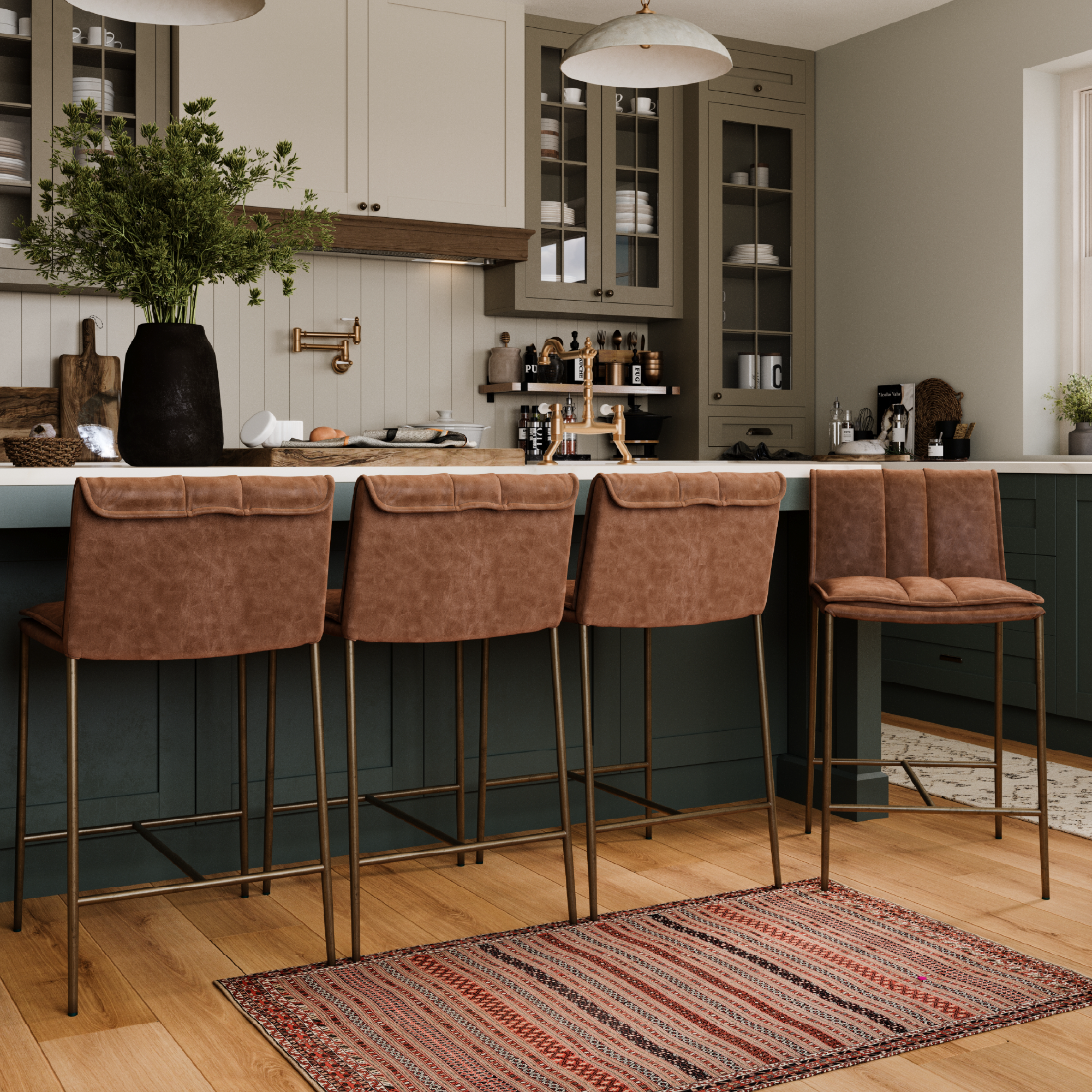 25" Gerard Counter Stool in Antique Brass Finish with Cocoa Brown Vegan Leather in Stools by Maven Lane