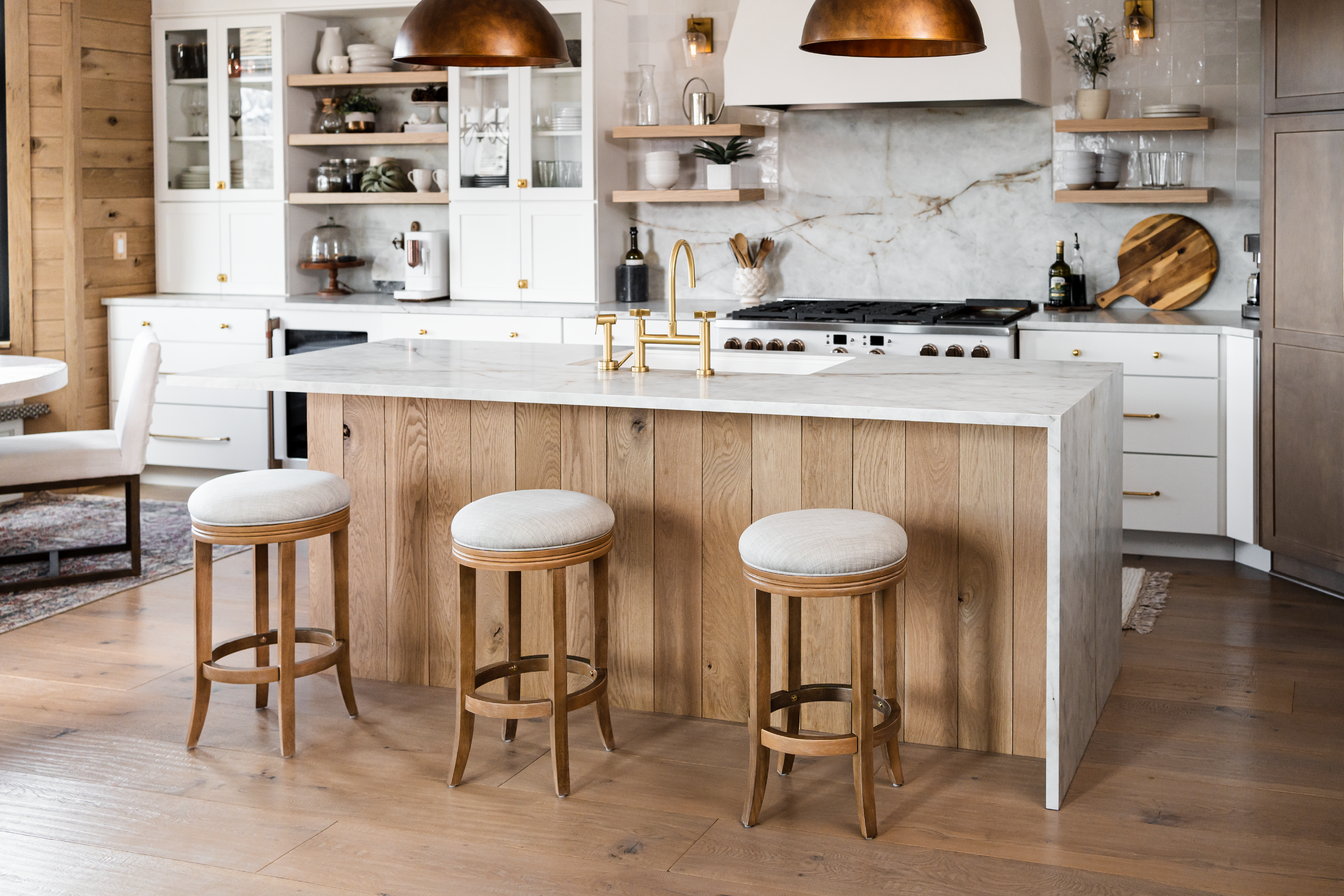 Eva Swivel Counter Height Kitchen Stool - Weathered Oak Finish with Sand Color Fabric Upholstery in Stools by Maven Lane
