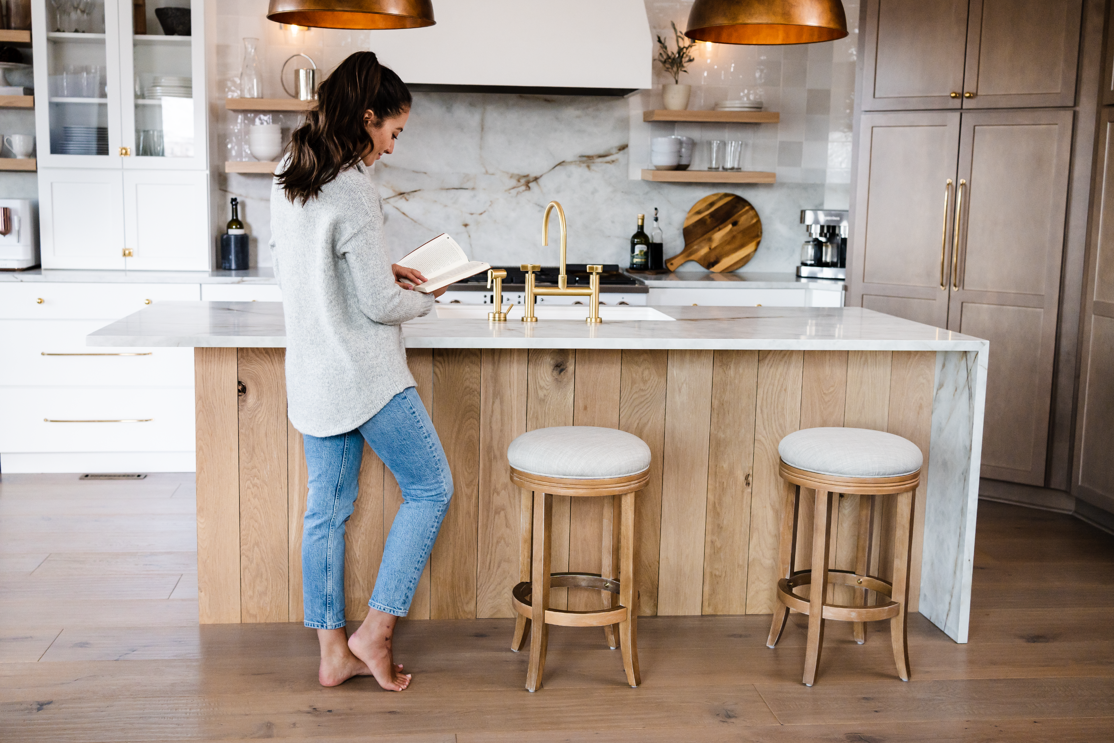 Eva Swivel Counter Height Kitchen Stool - Weathered Oak Finish with Sand Color Fabric Upholstery in Stools by Maven Lane