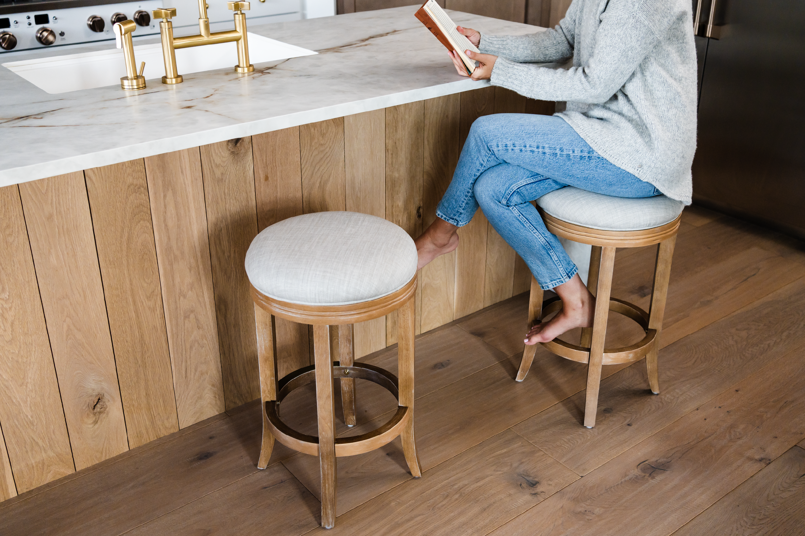 Eva Swivel Counter Height Kitchen Stool - Weathered Oak Finish with Sand Color Fabric Upholstery in Stools by Maven Lane