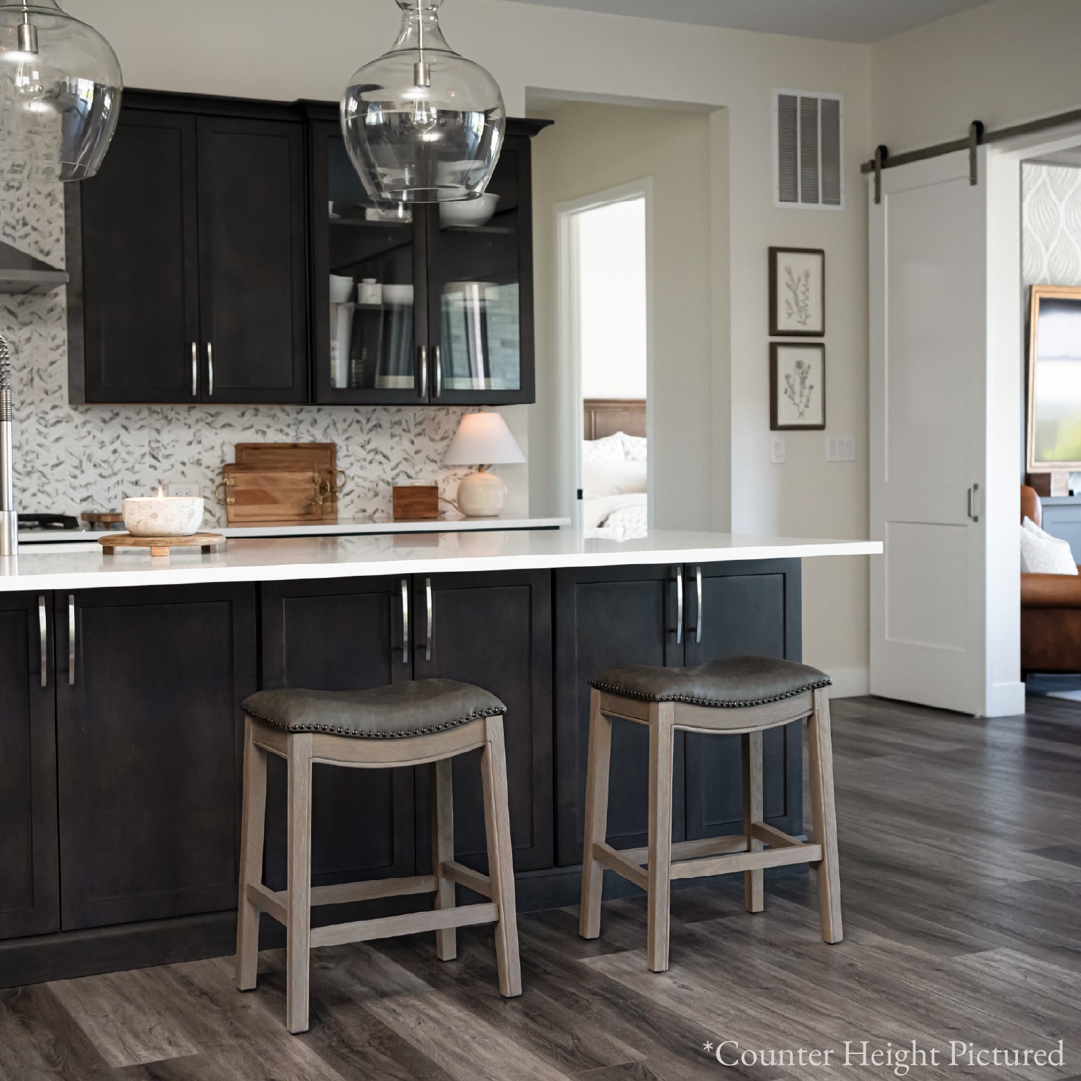 31" Adrien Saddle Bar Stool in Grey Finish with Grey Faux Leather in Stools by Maven Lane