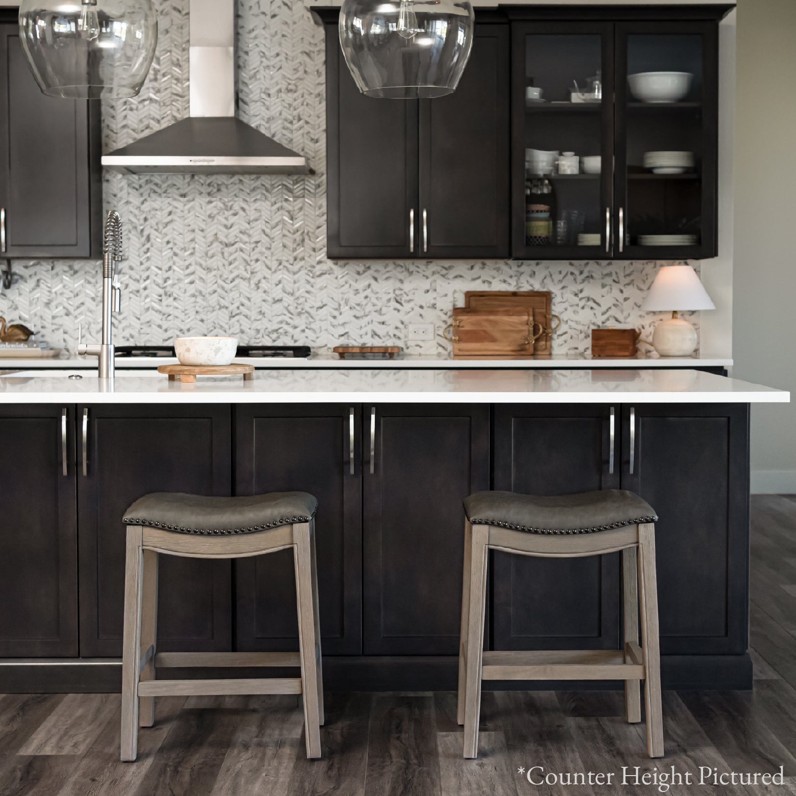 31" Adrien Saddle Bar Stool in Grey Finish with Grey Faux Leather in Stools by Maven Lane