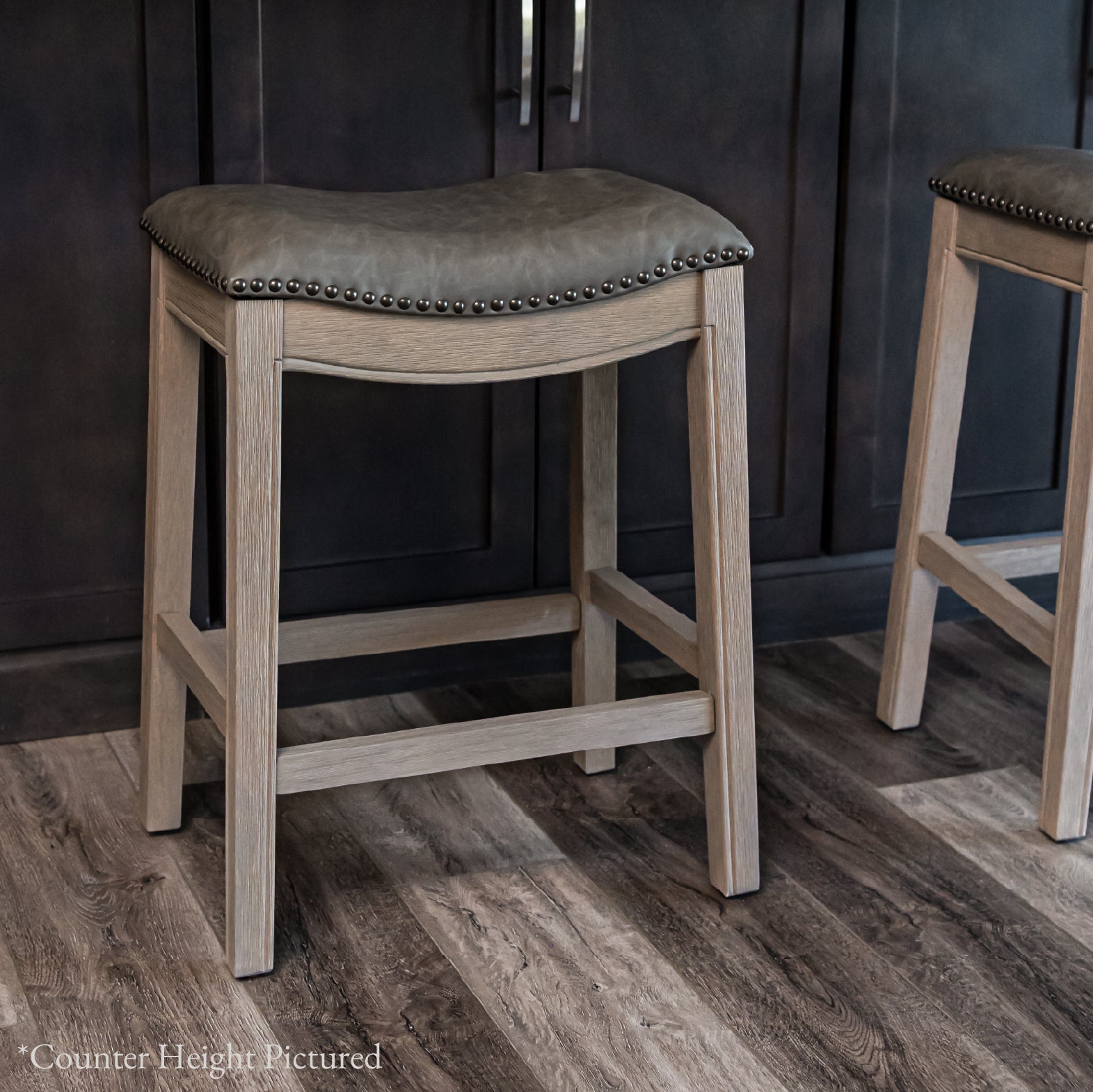 31" Adrien Saddle Bar Stool in Grey Finish with Grey Faux Leather in Stools by Maven Lane