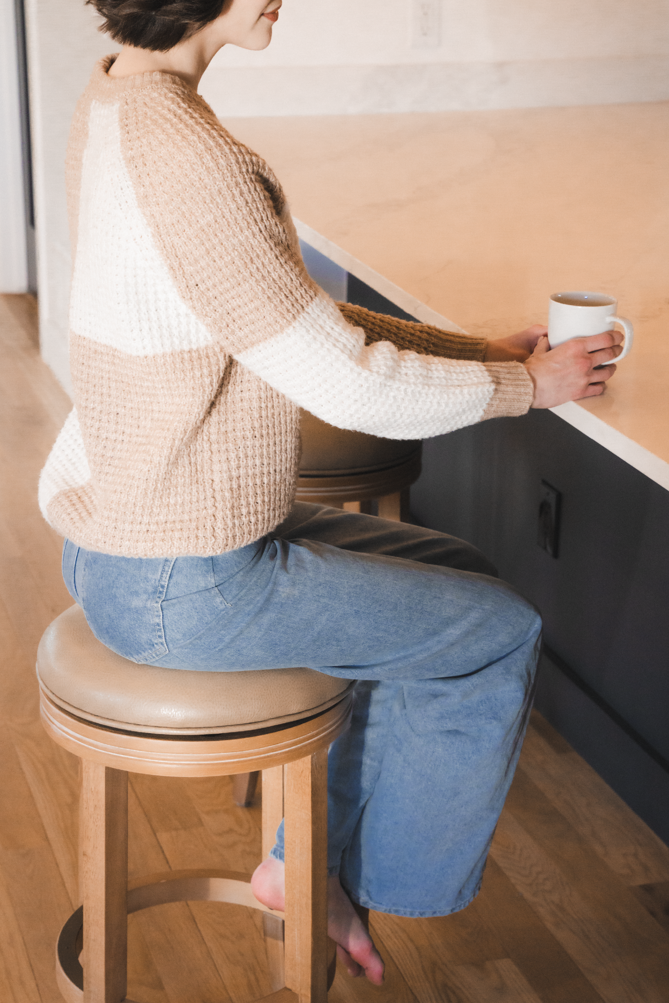 Eva Swivel Counter Height Kitchen Stool - Weathered Oak Finish with Avanti Bone Vegan Leather in Stools by Maven Lane