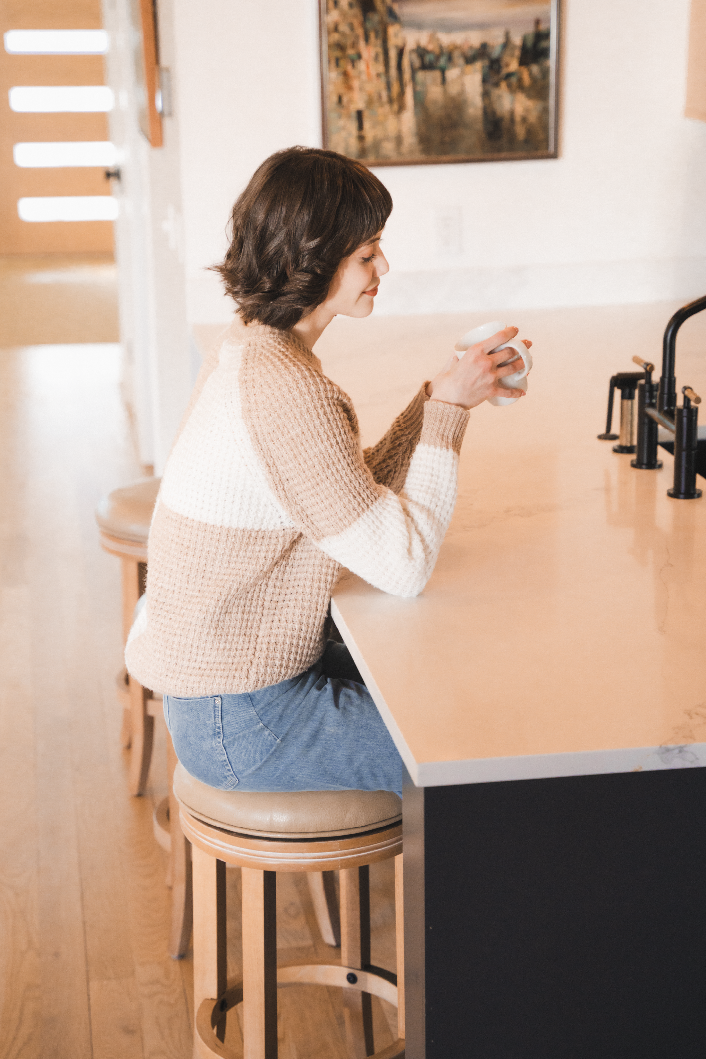 Eva Swivel Counter Height Kitchen Stool - Weathered Oak Finish with Avanti Bone Vegan Leather in Stools by Maven Lane