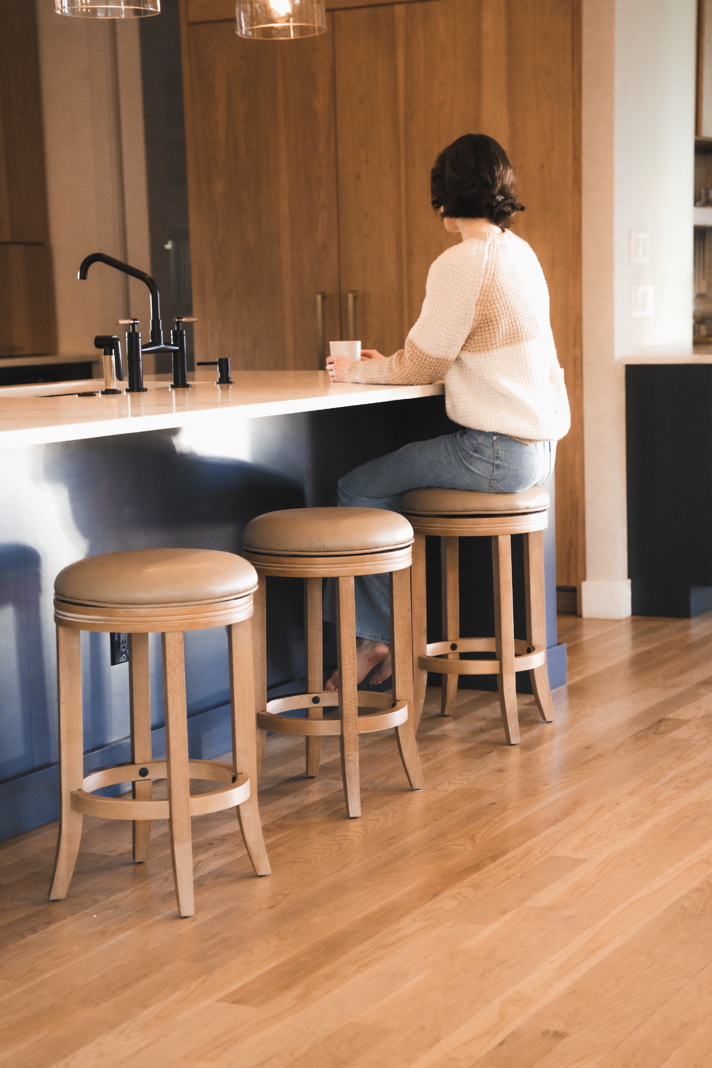 Eva Swivel Counter Height Kitchen Stool - Weathered Oak Finish with Avanti Bone Vegan Leather in Stools by Maven Lane
