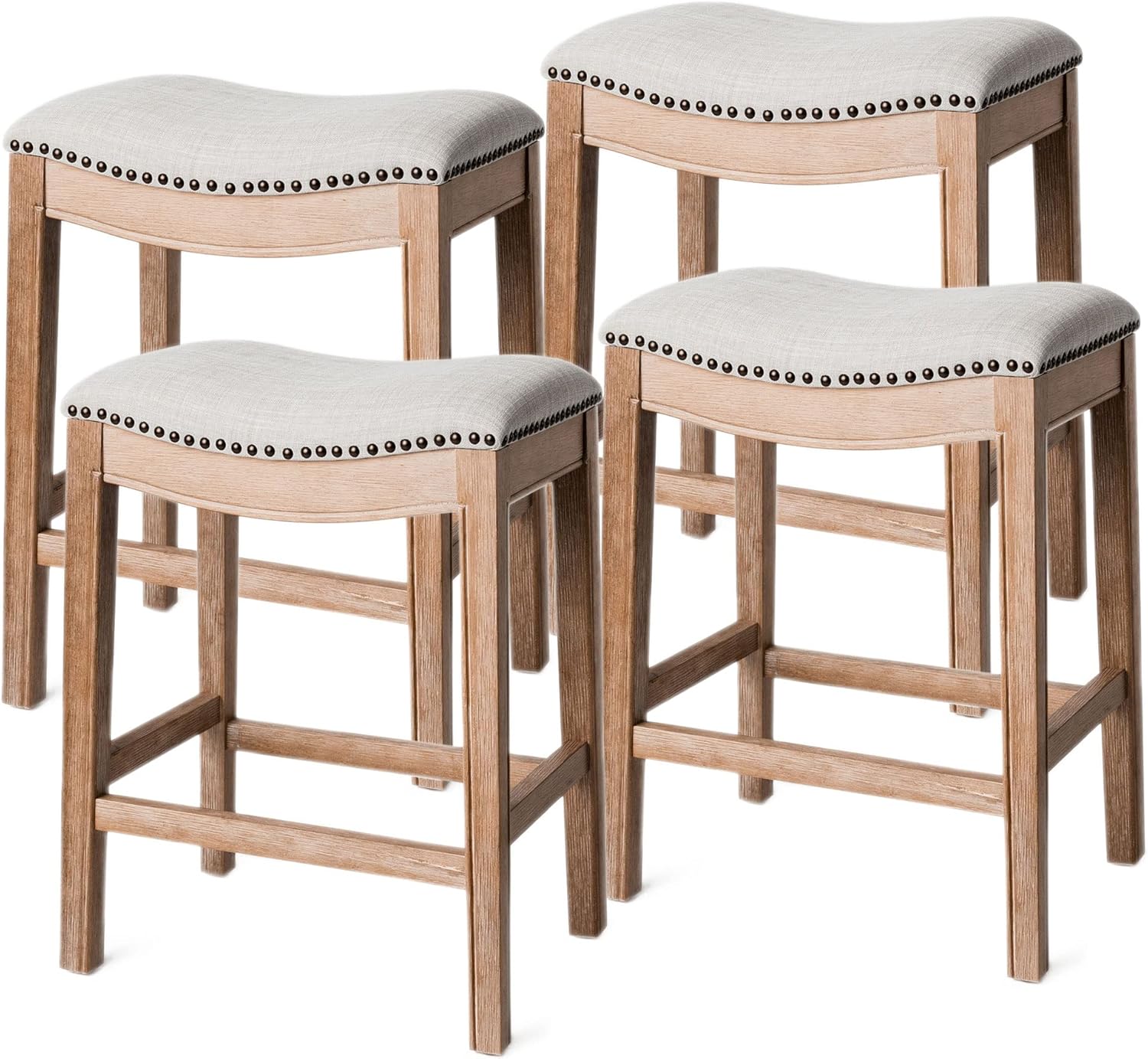 26" Adrien Saddle Counter Stool in Natural Finish with Light Grey Fabric (Set of 4) in Stools by Maven Lane