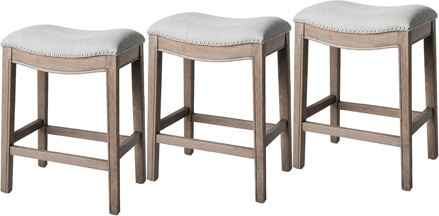 26" Adrien Saddle Counter Stool in Grey Finish with Grey Fabric (Set of 3) in Stools by Maven Lane