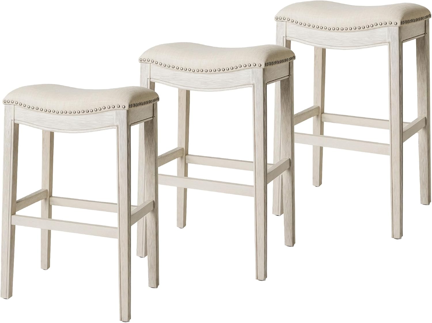 31" Adrien Saddle Bar Stool in Cream Finish with Natural Fabric (Set of 3) in Stools by Maven Lane