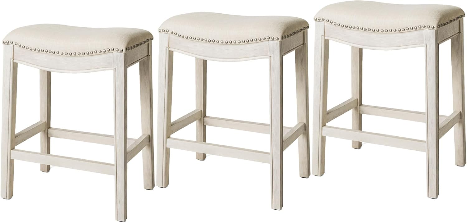 26" Adrien Saddle Counter Stool in Cream Finish with Natural Fabric (Set of 3) in Stools by Maven Lane