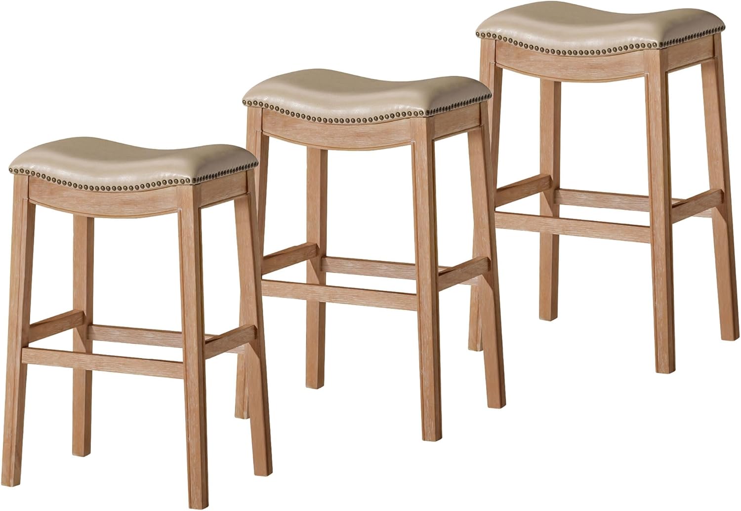 31" Adrien Saddle Bar Stool in Natural Finish with Beige Faux Leather (Set of 3) in Stools by Maven Lane