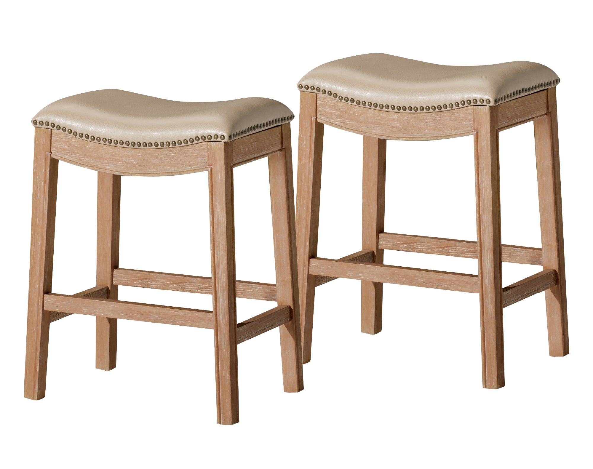 26" Adrien Saddle Counter Stool in Natural Finish with Beige Faux Leather (Set of 2) in Stools by Maven Lane